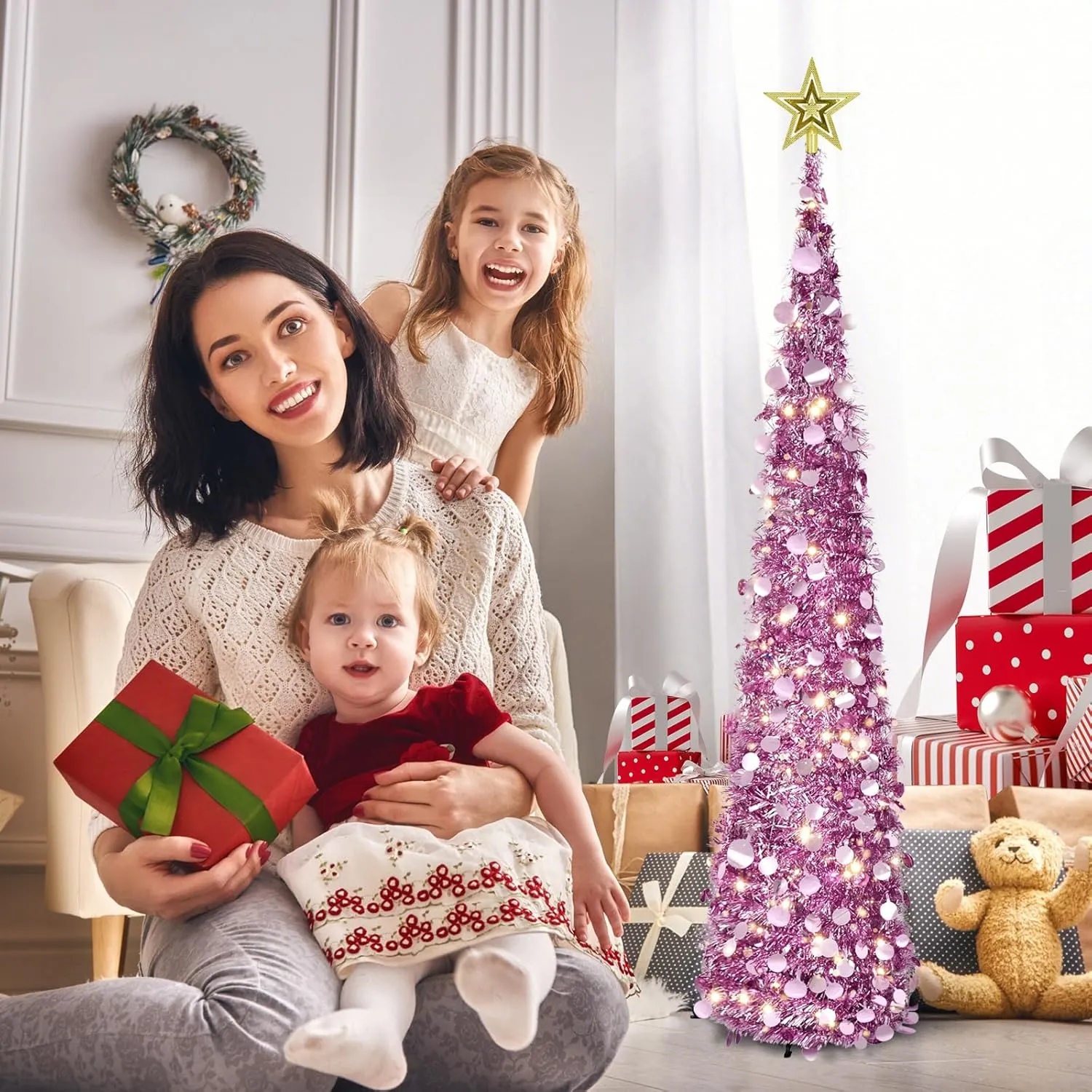 5FT Pop Up Tinsel Christmas Tree with Lights and Tree Topper, Collapsible Pencil Xmas Trees with Round Sequins Reusable for Fireplace Home Office Indoor Holiday Party Decoration, Rose Gold