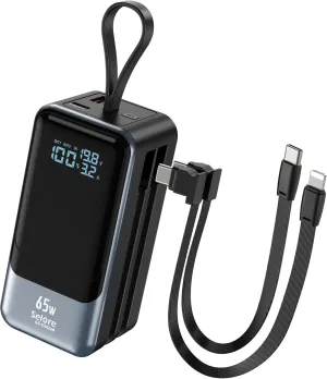65W Power Bank 18400mAh with Dual Built-in Cables-USB-C/Lightning, QC/PD Portable Laptop Charger for MacBook/Dell/HP, LED Display Travel Battery Pack for iPhone 16/15/14/13 Series Samsung etc