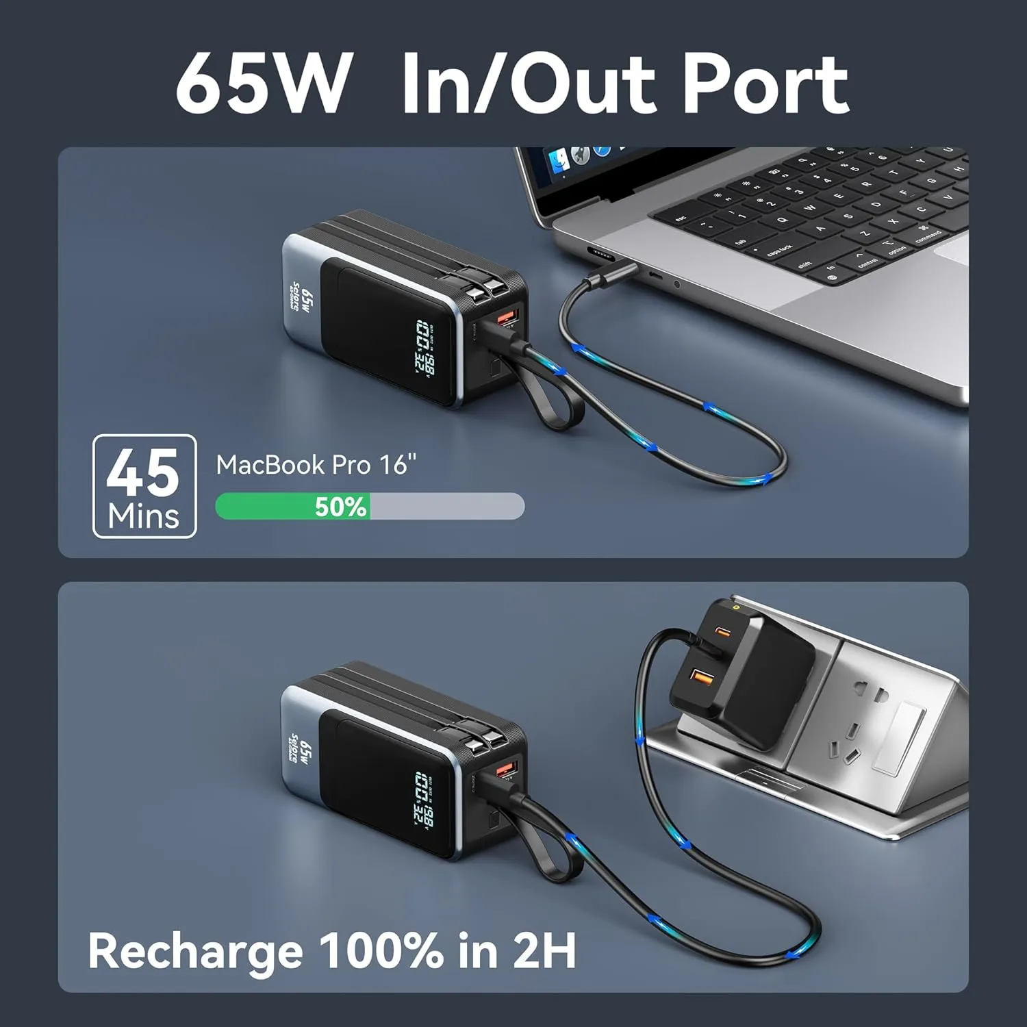 65W Power Bank 18400mAh with Dual Built-in Cables-USB-C/Lightning, QC/PD Portable Laptop Charger for MacBook/Dell/HP, LED Display Travel Battery Pack for iPhone 16/15/14/13 Series Samsung etc