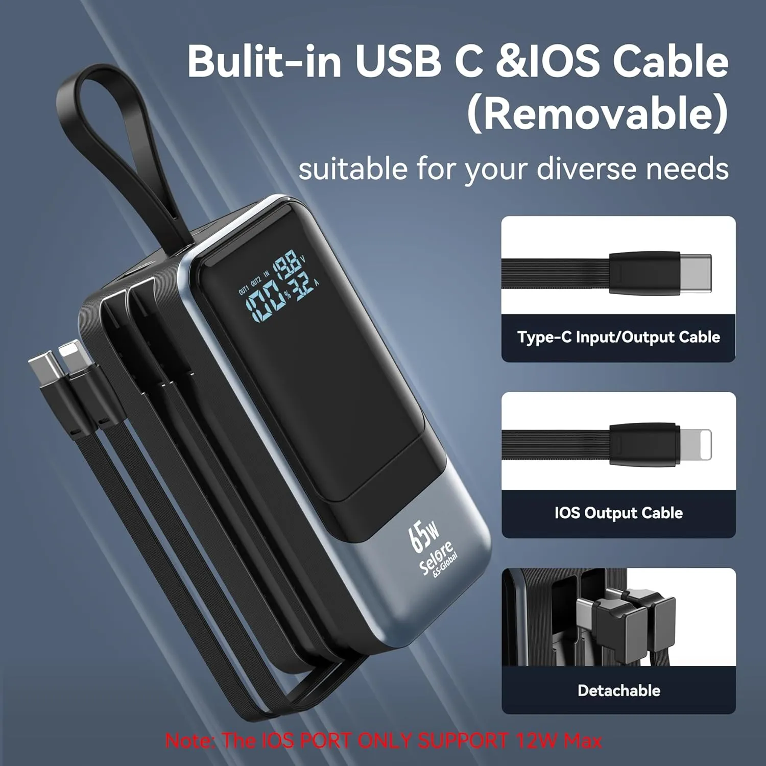 65W Power Bank 18400mAh with Dual Built-in Cables-USB-C/Lightning, QC/PD Portable Laptop Charger for MacBook/Dell/HP, LED Display Travel Battery Pack for iPhone 16/15/14/13 Series Samsung etc