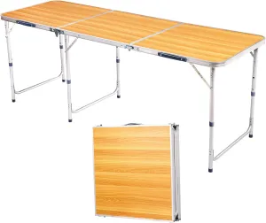 6ft Camping Tables Fold Up Lightweight, Folding Table Camping Table for Outdoor Camp Picnic Beach RV Backyards Kitchen BBQ, Portable & Foldable Design - Wood Grain Color, 180 x 60 x 70CM