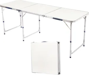 6ft White Portable Folding Table with Adjustable Height - Multipurpose for Camping, Picnics, Parties - Aluminum and Wood Board Design