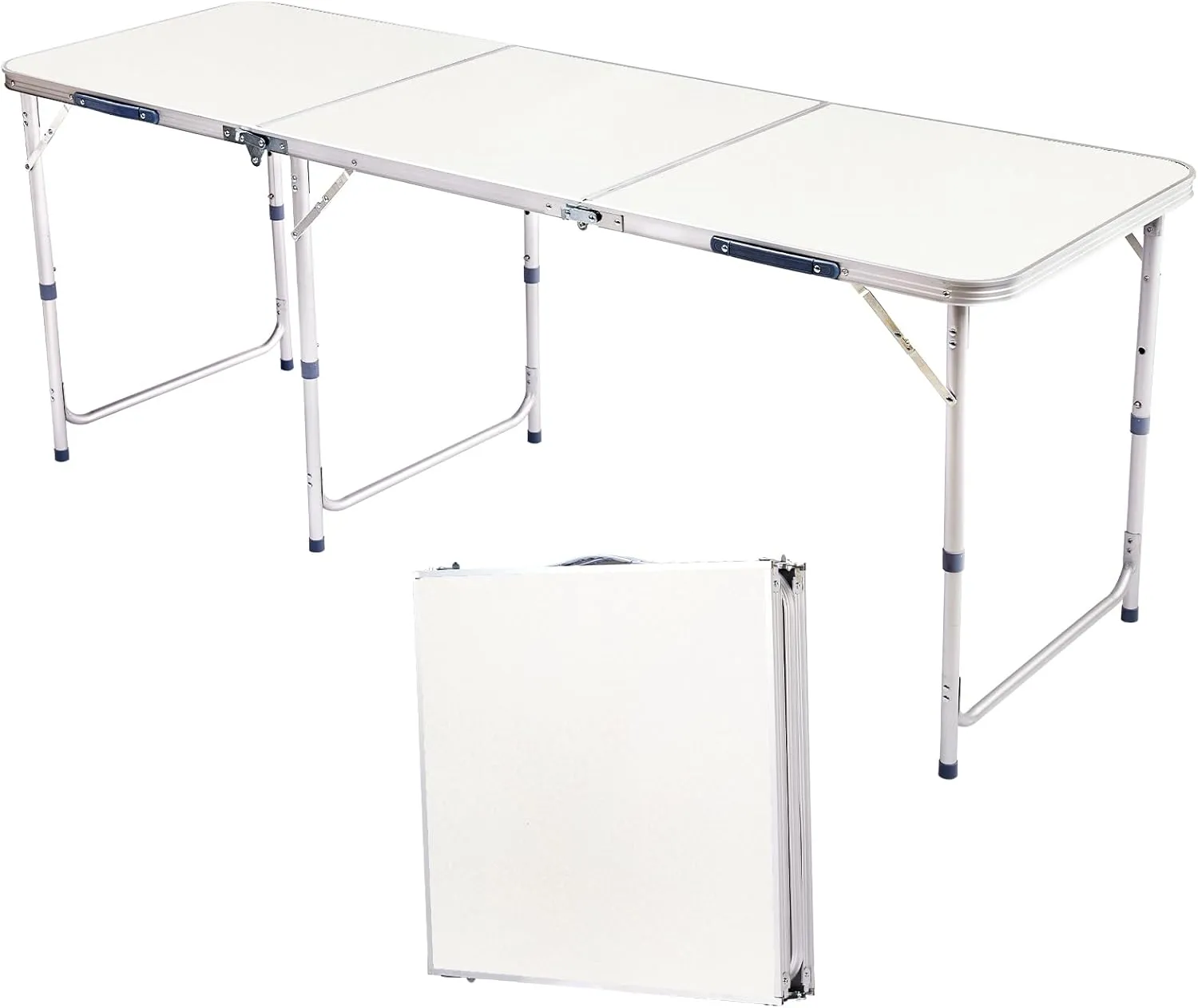 6ft White Portable Folding Table with Adjustable Height - Multipurpose for Camping, Picnics, Parties - Aluminum and Wood Board Design