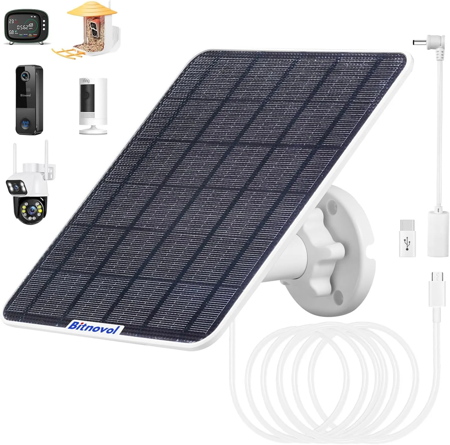 6W Solar Panel for Bird Feeder Camera - USB C Solar Panels Charger Match to Rechargeable Battary Powered Camera Outdoor Wireless, IP65 Ring Camera Solar with USB DC,9.8ft Cable 360° Swivel Bracket