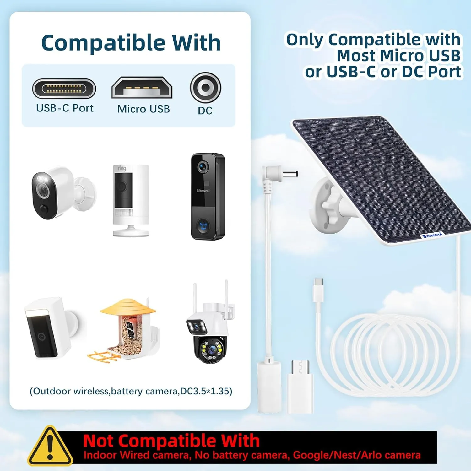 6W Solar Panel for Bird Feeder Camera - USB C Solar Panels Charger Match to Rechargeable Battary Powered Camera Outdoor Wireless, IP65 Ring Camera Solar with USB DC,9.8ft Cable 360° Swivel Bracket