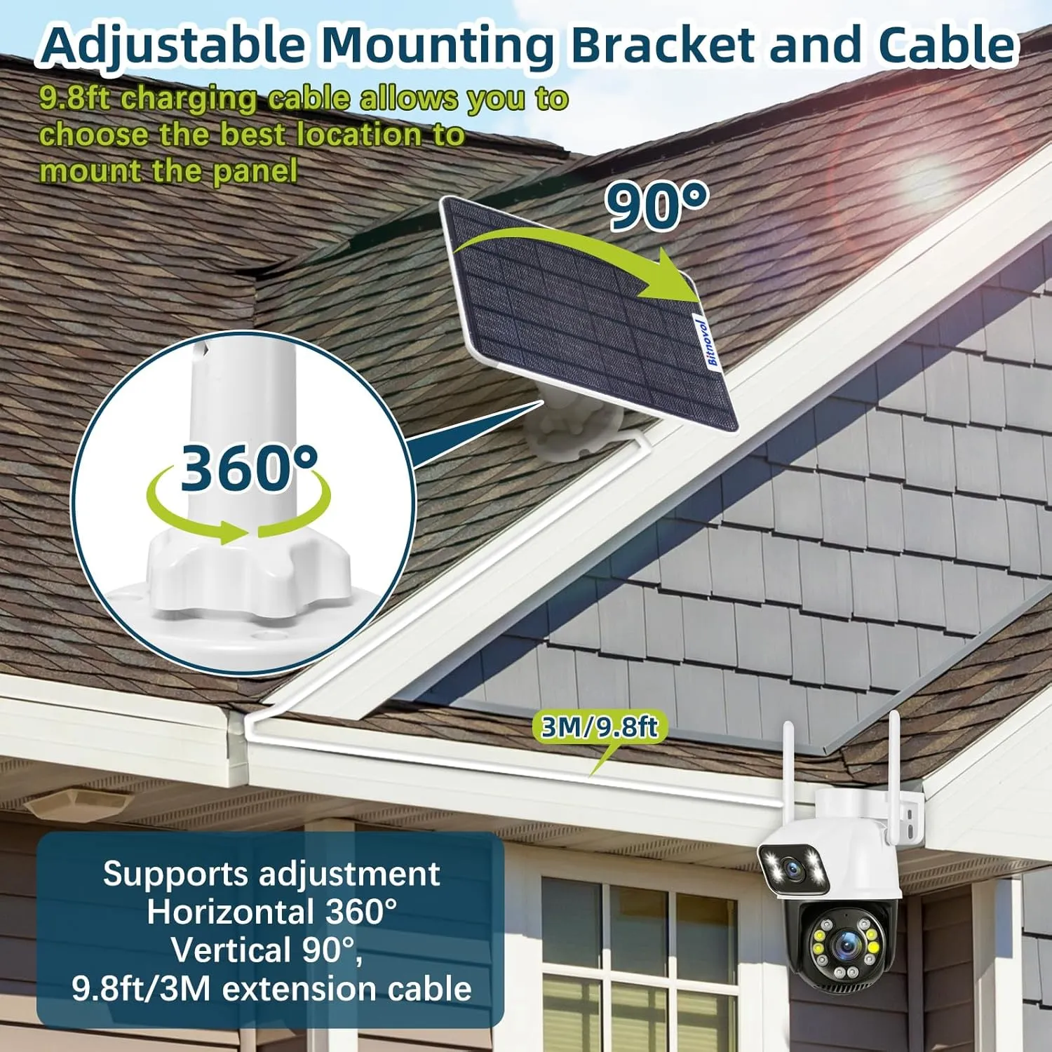 6W Solar Panel for Bird Feeder Camera - USB C Solar Panels Charger Match to Rechargeable Battary Powered Camera Outdoor Wireless, IP65 Ring Camera Solar with USB DC,9.8ft Cable 360° Swivel Bracket