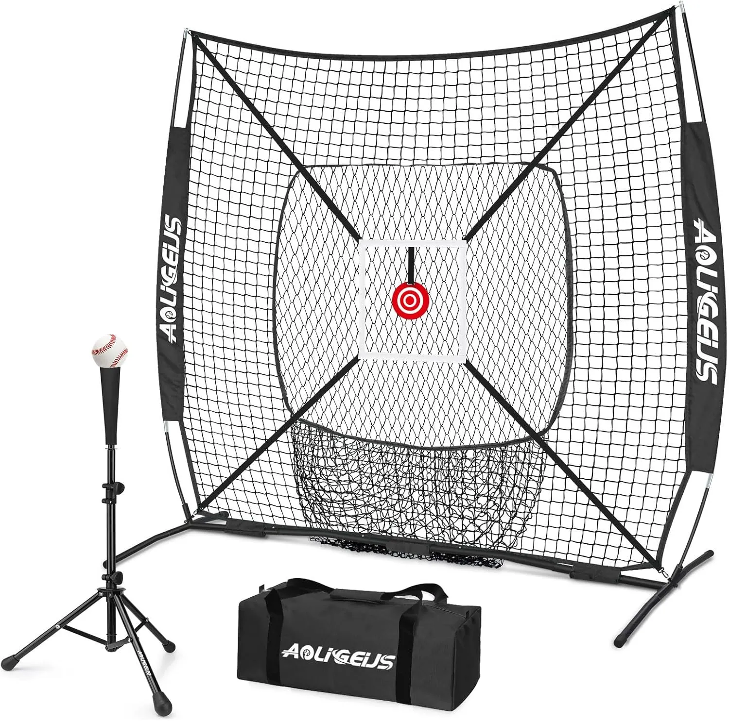 6'X6' Baseball Softball Practice Net with Batting Tee, Bonus Strike Zone Target and Bow Frame, for Hitting, Pitching, Catching