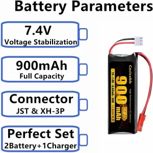 7.4V 900mAh Lipo Battery with JST Connector 25C for The Blade 200 QX and CX/CX2/CX3 WLtoys X520 RC Helicopter 2 Pack with USB Charger