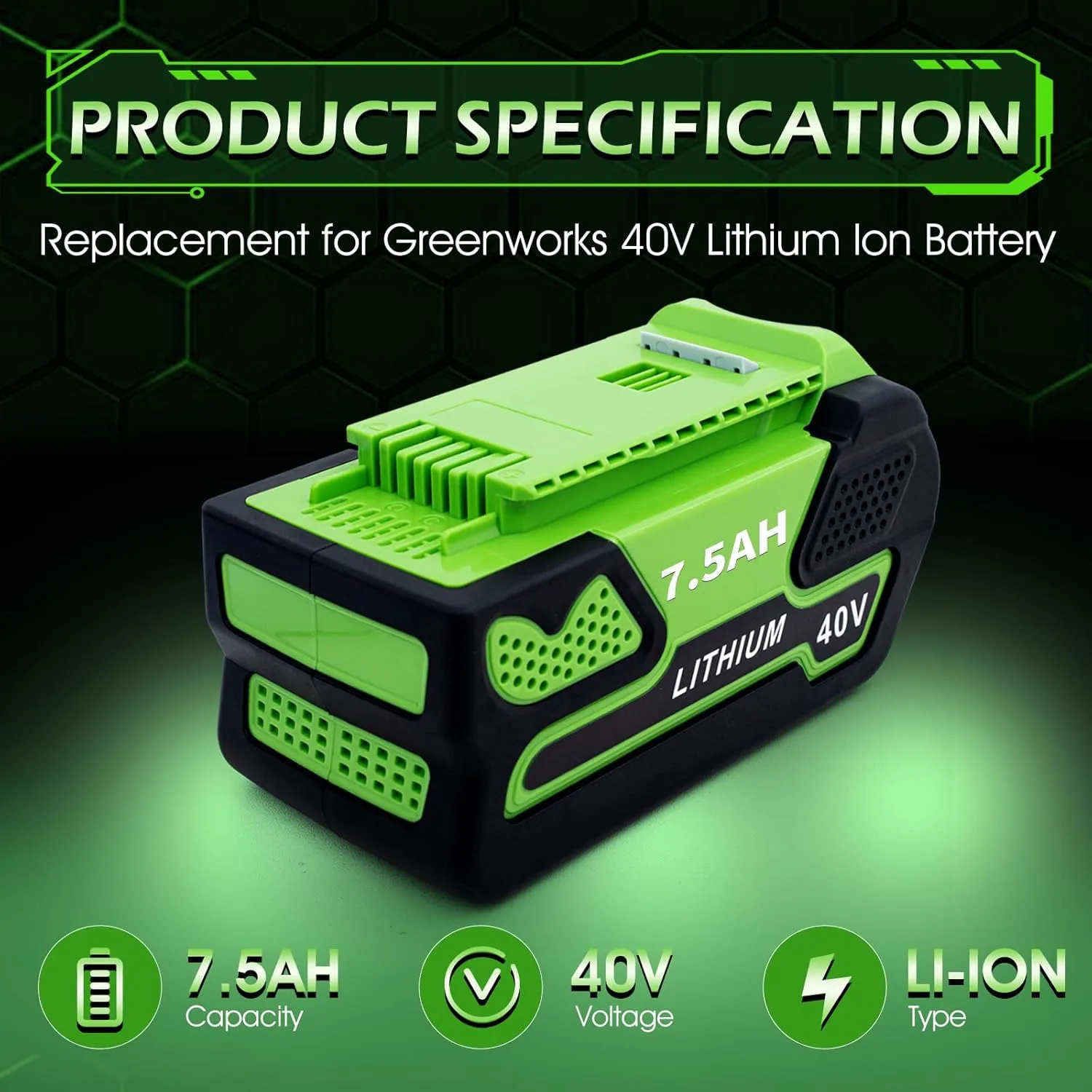 7500mAh 40V Replacement for Greenworks 40Volt Battery G-MAX Lithium ion Compatible with Greenworks Cordless Power Tools 29462 29252 20642(Green)