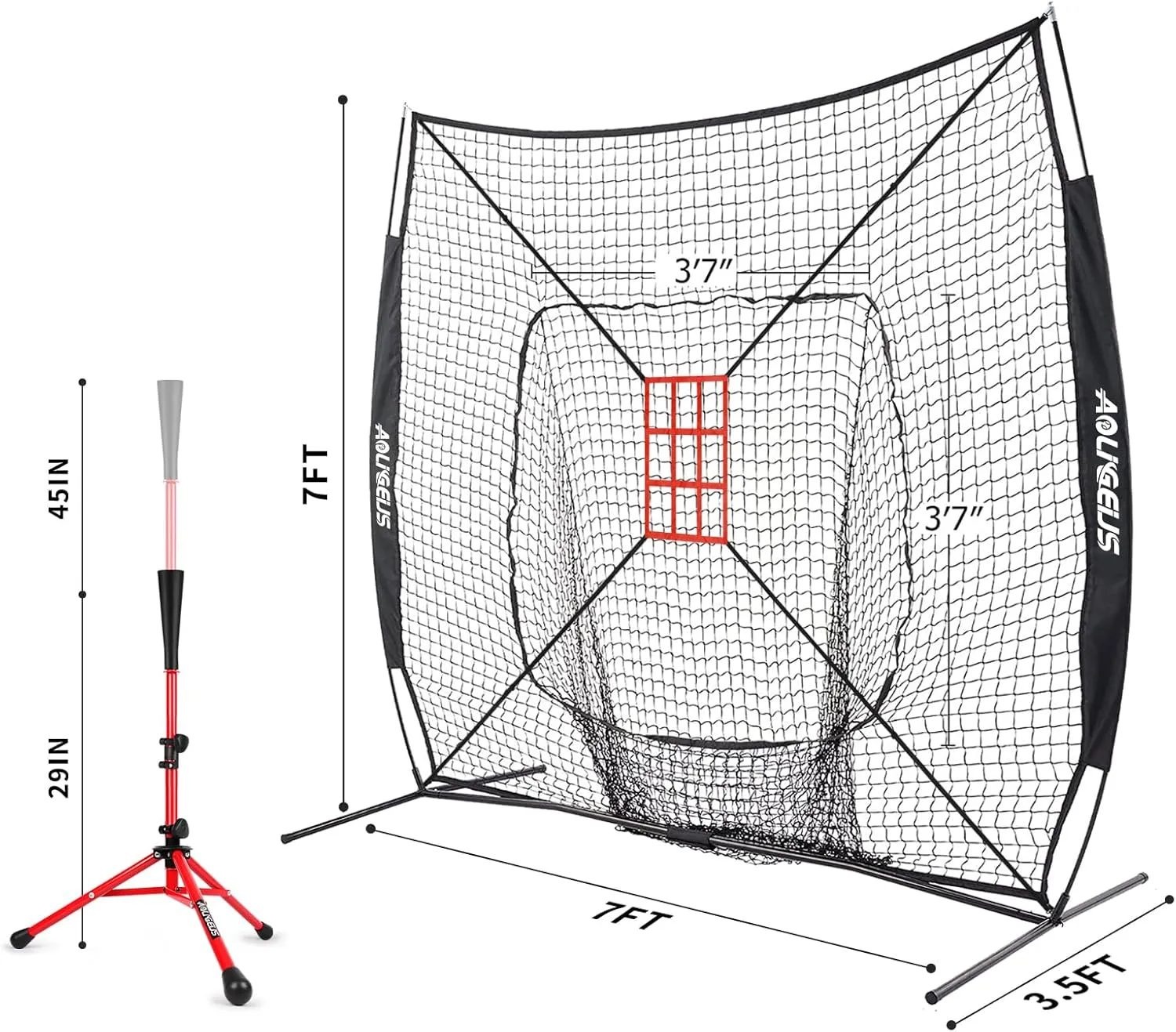 7'X7' Baseball Softball Practice Net,Pitching Net,Batting Net,with Baseball Tee,Bonus Strike Zone and Bow Frame,for Hitting,Pitching, Catching
