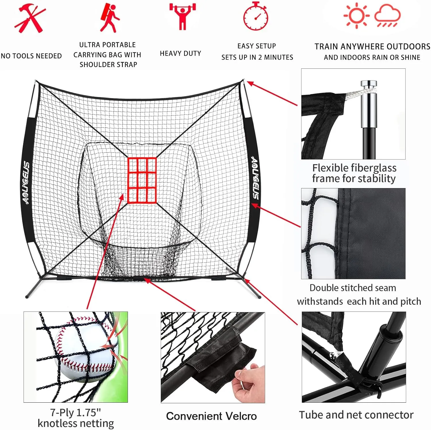7'X7' Baseball Softball Practice Net,Pitching Net,Batting Net,with Baseball Tee,Bonus Strike Zone and Bow Frame,for Hitting,Pitching, Catching
