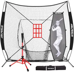 7'X7' Baseball Softball Practice Net,Pitching Net,Batting Net,with Baseball Tee,Bonus Strike Zone and Bow Frame,for Hitting,Pitching, Catching