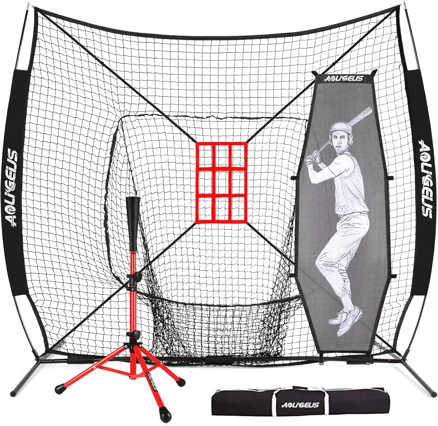 7'X7' Baseball Softball Practice Net,Pitching Net,Batting Net,with Baseball Tee,Bonus Strike Zone and Bow Frame,for Hitting,Pitching, Catching