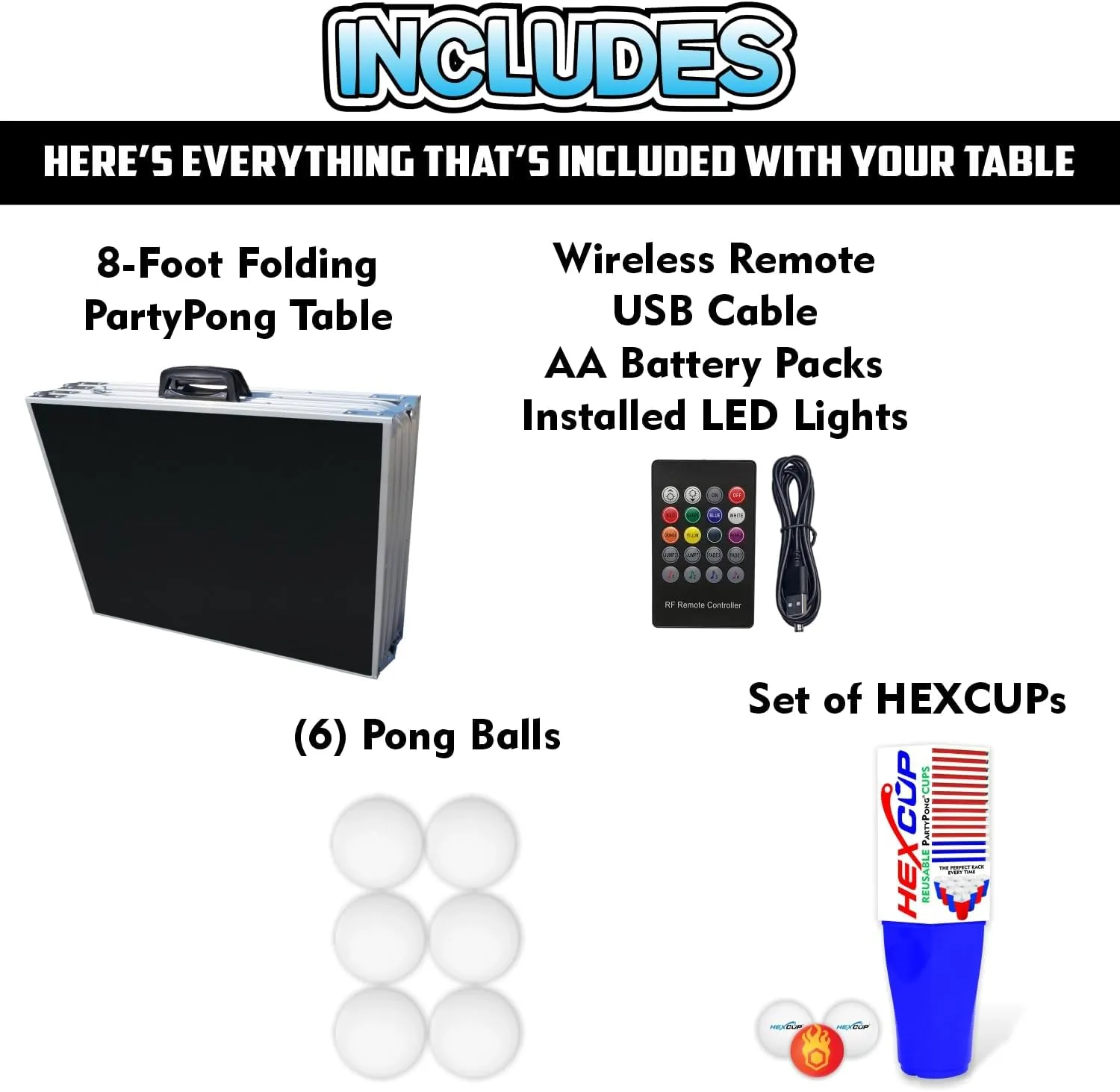 8-Foot Regulation Length Folding Table w/Optional Cup Holes, LED Lights, Custom Graphic (Choose Your Model)