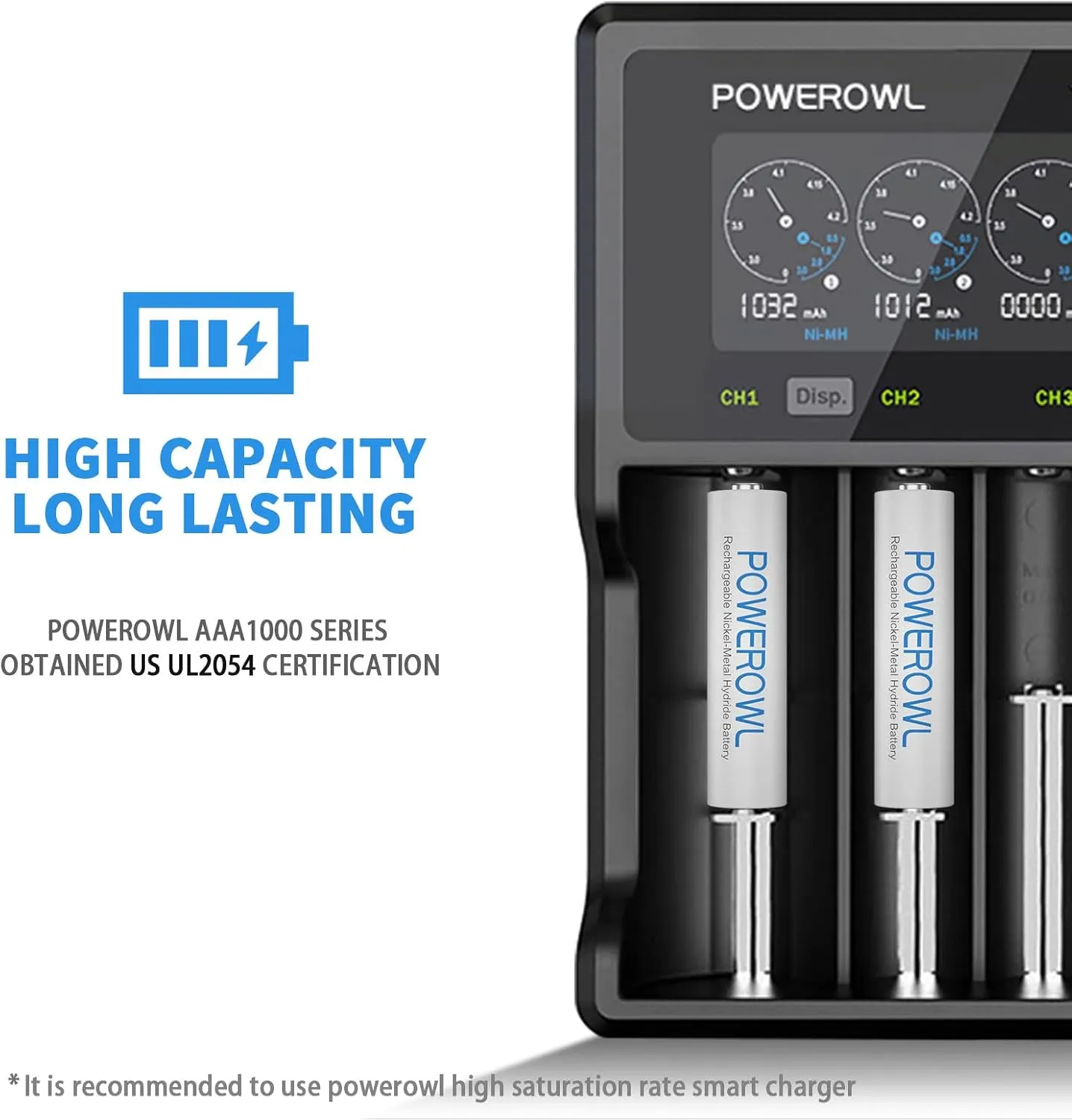 AAA Rechargeable Batteries 16 Pack w/Charger, POWEROWL High Capacity Rechargeable AAA Batteries 1000mAh 1.2V NiMH Low Self Discharge