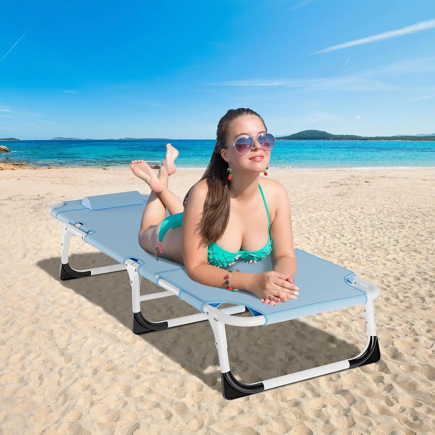 ABORON 3 in 1 Sun Tanning Chair Oversized with Mat&Face Arm Hole, Heavy Duty Folding Chaise Lounge Chairs, 5-Position Outdoor Lounge Chair/Pillow, for Beach, Pool, Lawn, Yard, Patio