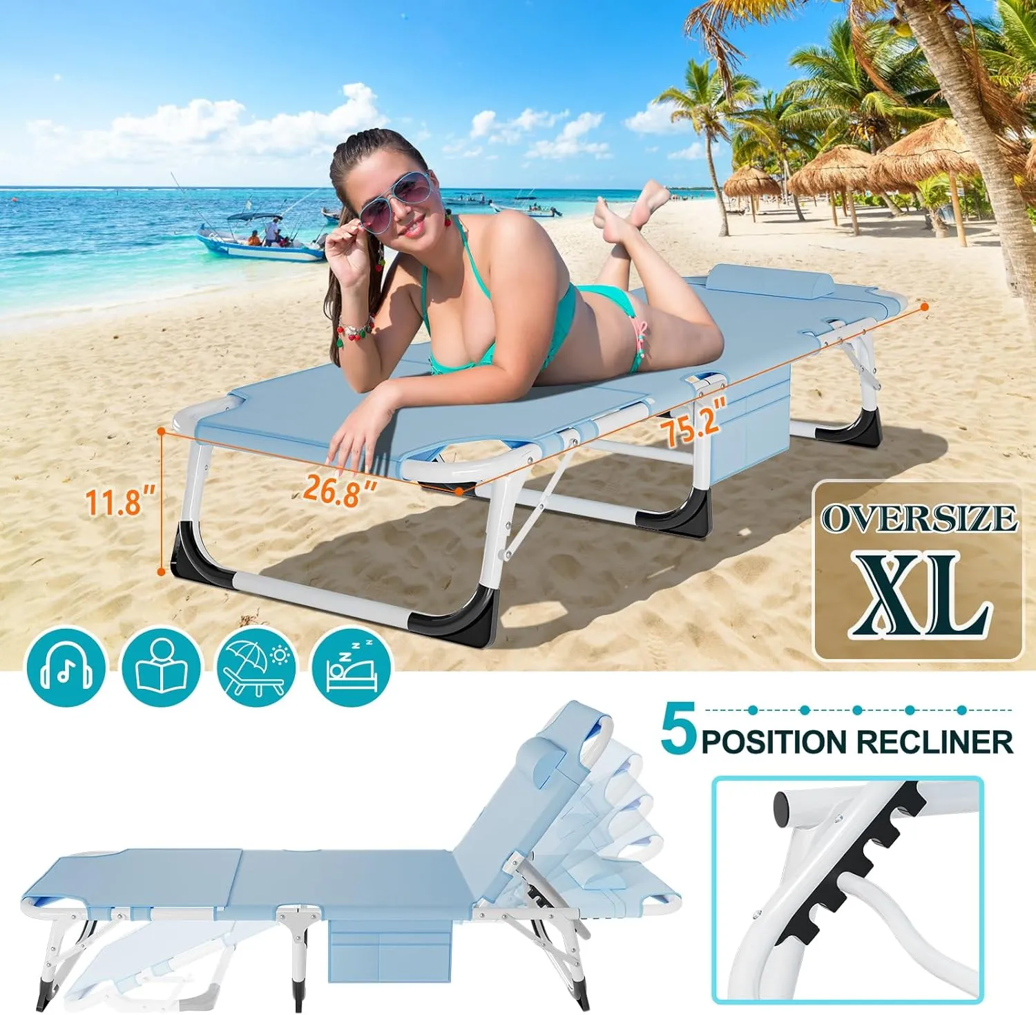 ABORON 3 in 1 Sun Tanning Chair Oversized with Mat&Face Arm Hole, Heavy Duty Folding Chaise Lounge Chairs, 5-Position Outdoor Lounge Chair/Pillow, for Beach, Pool, Lawn, Yard, Patio