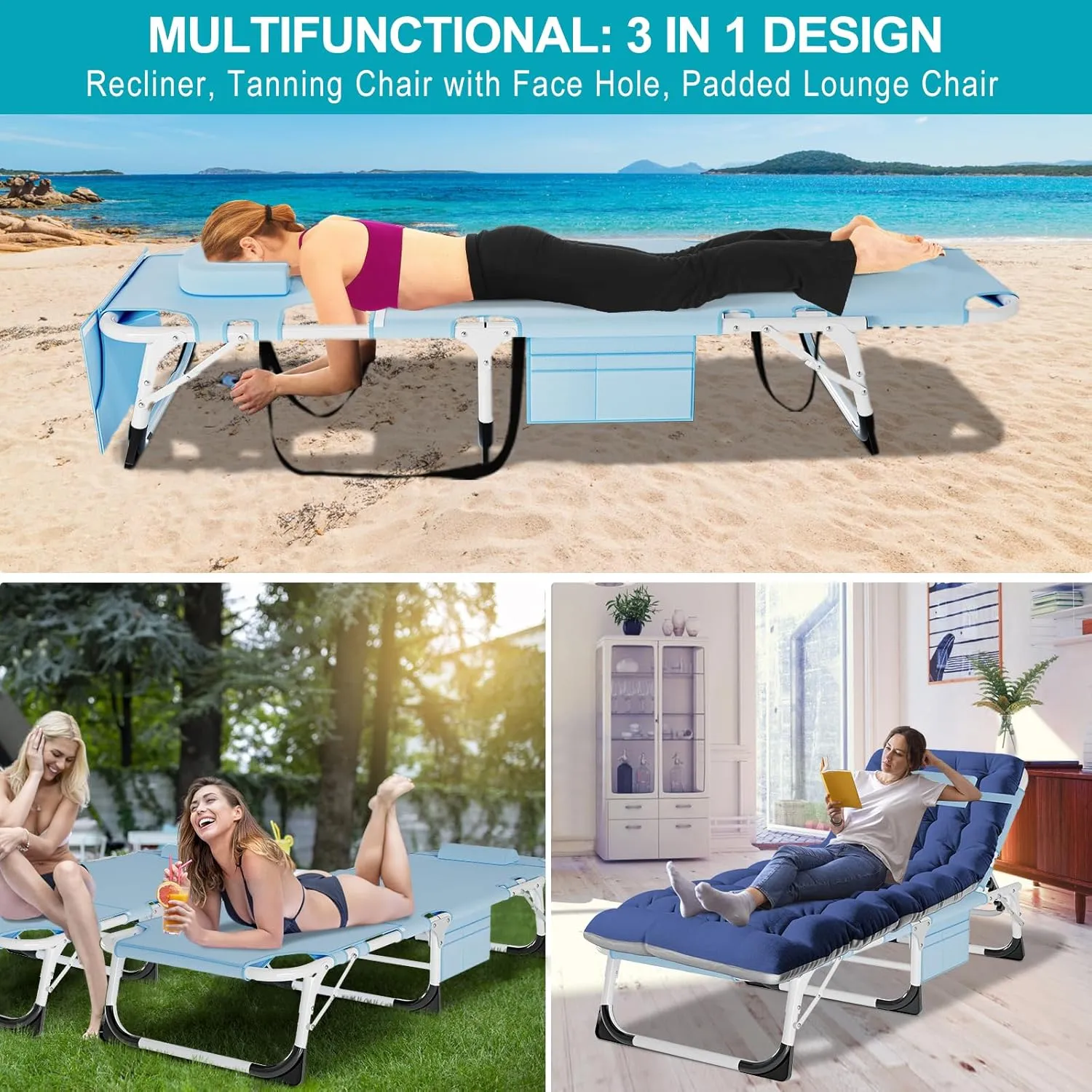 ABORON 3 in 1 Sun Tanning Chair Oversized with Mat&Face Arm Hole, Heavy Duty Folding Chaise Lounge Chairs, 5-Position Outdoor Lounge Chair/Pillow, for Beach, Pool, Lawn, Yard, Patio