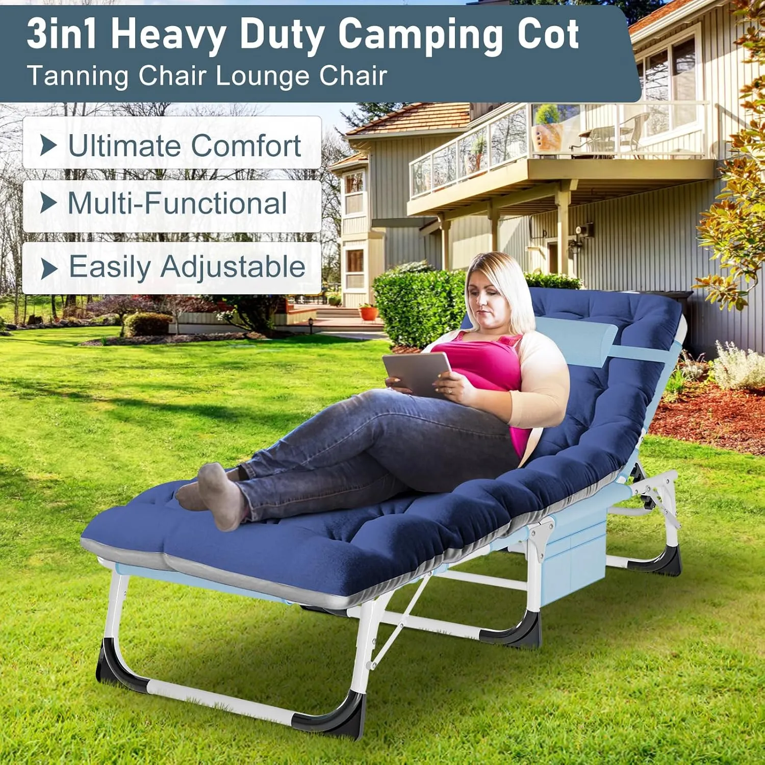 ABORON 3 in 1 Sun Tanning Chair Oversized with Mat&Face Arm Hole, Heavy Duty Folding Chaise Lounge Chairs, 5-Position Outdoor Lounge Chair/Pillow, for Beach, Pool, Lawn, Yard, Patio