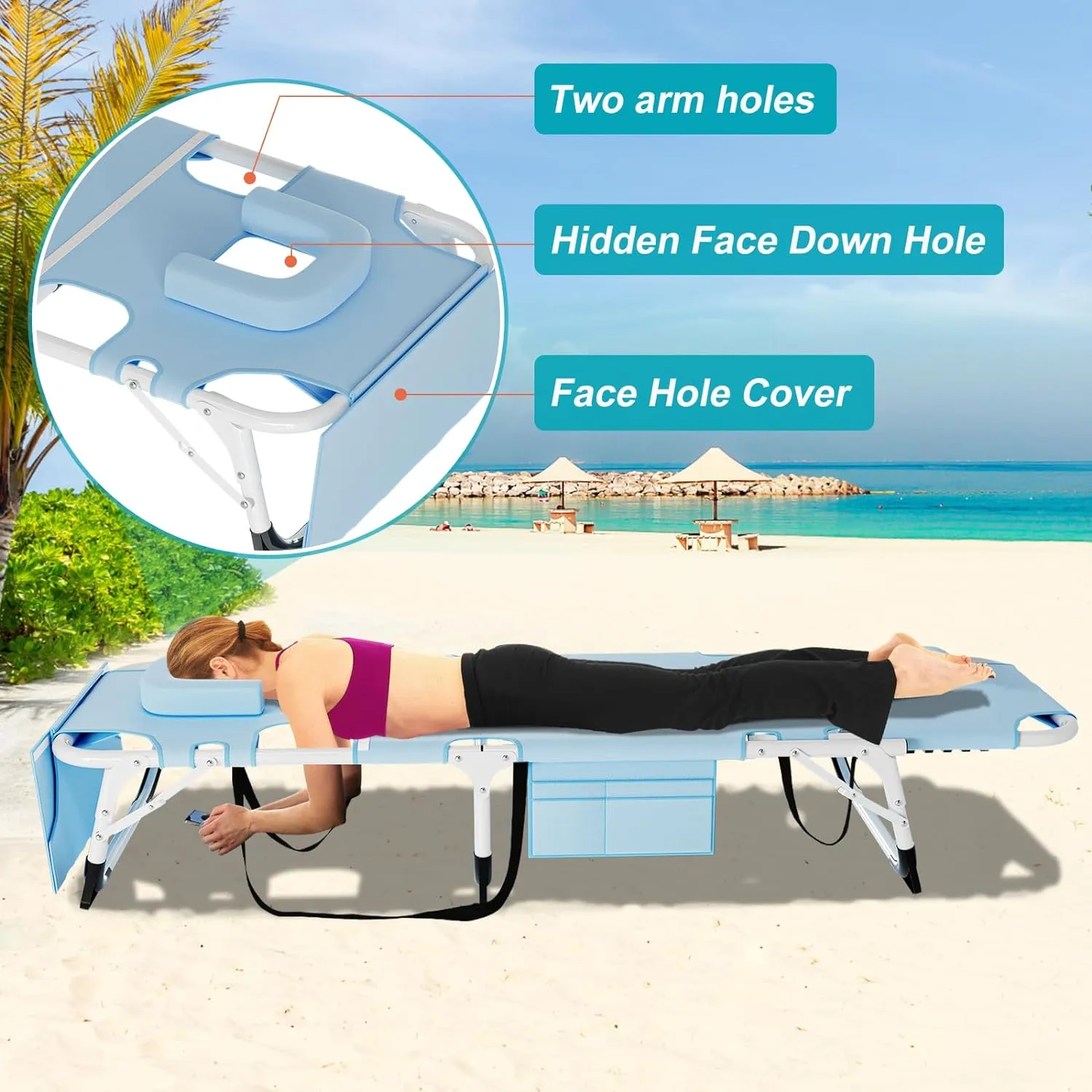 ABORON 3 in 1 Sun Tanning Chair Oversized with Mat&Face Arm Hole, Heavy Duty Folding Chaise Lounge Chairs, 5-Position Outdoor Lounge Chair/Pillow, for Beach, Pool, Lawn, Yard, Patio