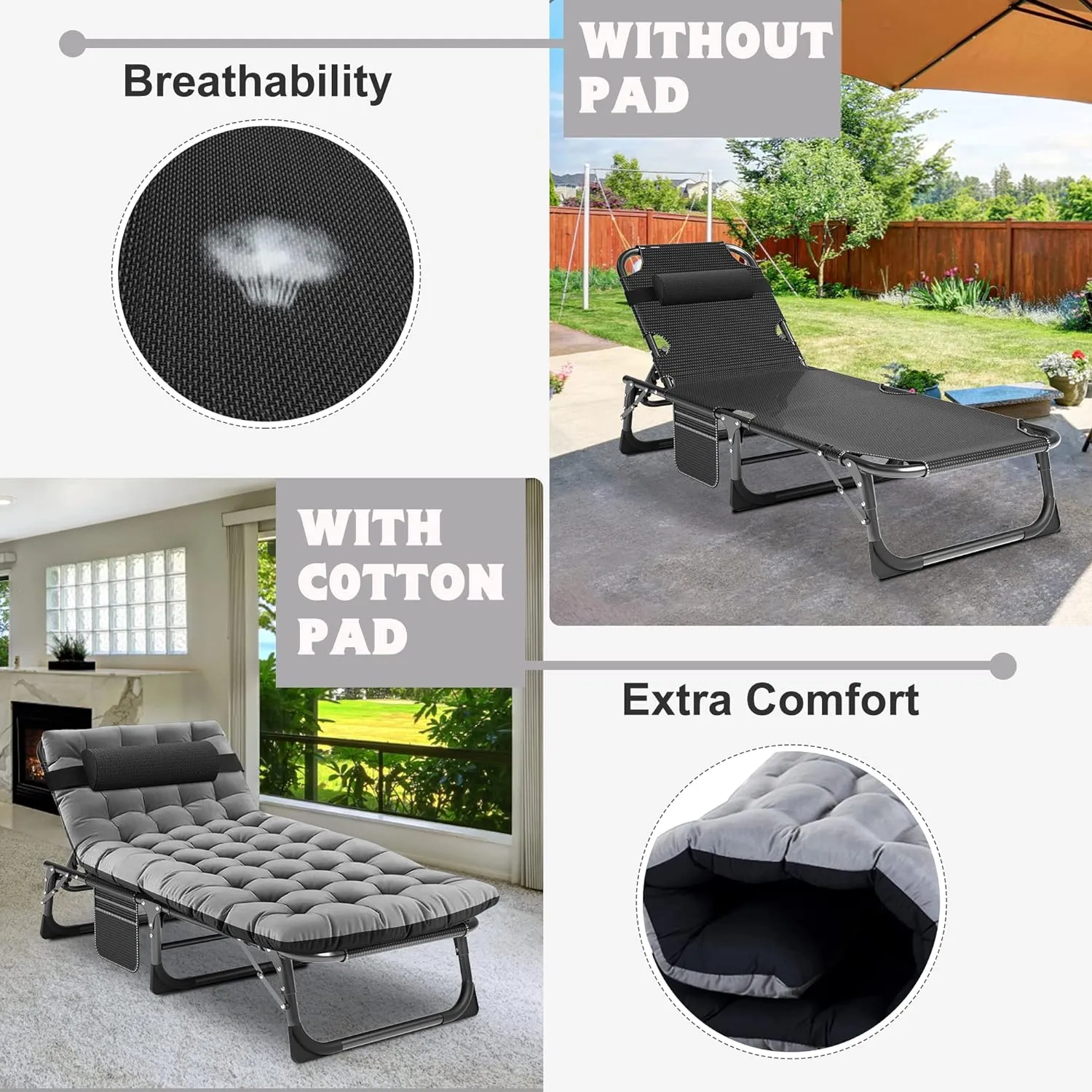 ABORON Chaise Lounge Chair,5 Positions Padded Outdoor Tanning Chair,Heavy Duty Portable Lounge Chair for Outdoor Sunbathing Patio Pool Lawn Deck Poolside,Support up to 440 Lbs