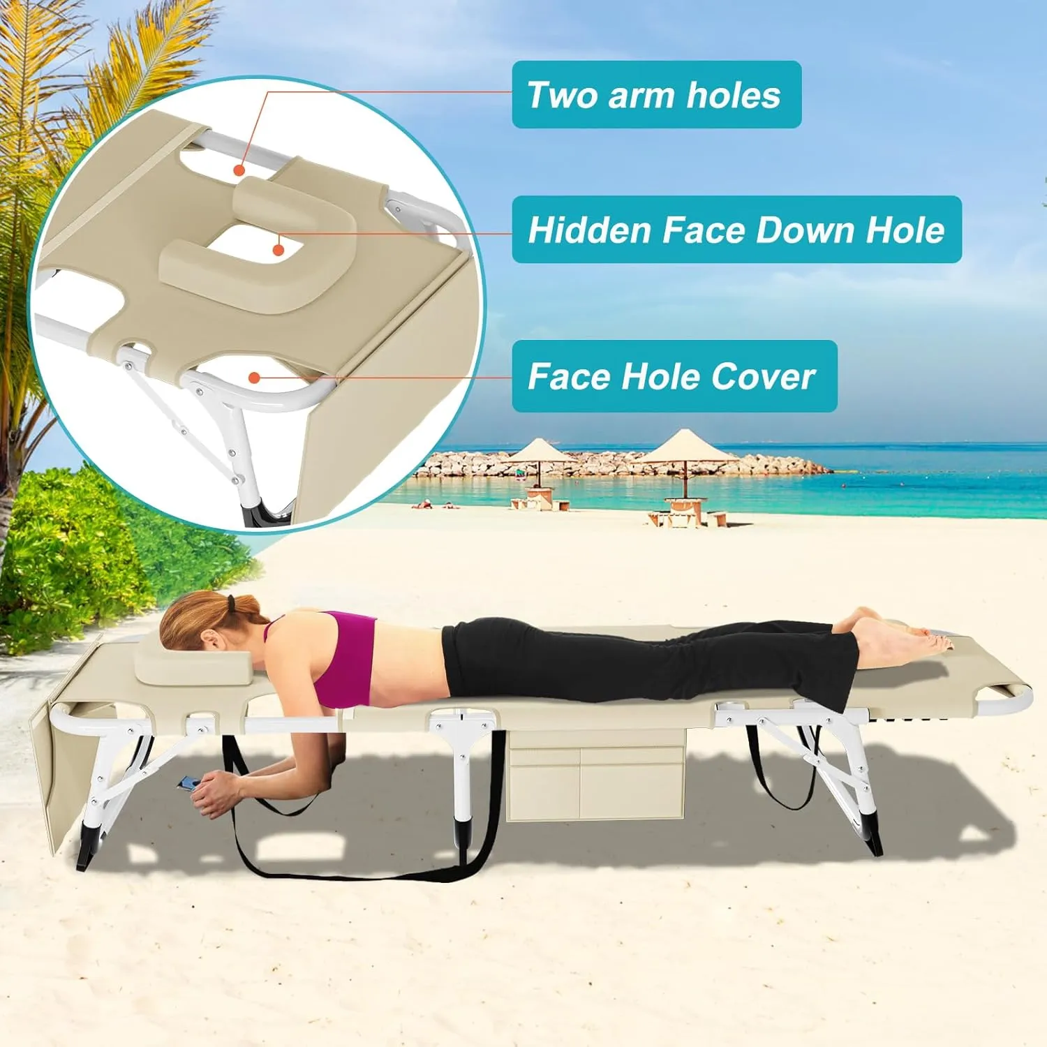 ABORON Folding Camping Cot W/Mat & Face Arm Hole for Adults, Adjustable Heavy Duty Outdoor Bed,1200 D Layer Oxford Travel Camp Cots for Beach, Pool, Lawn,Yard, Patio