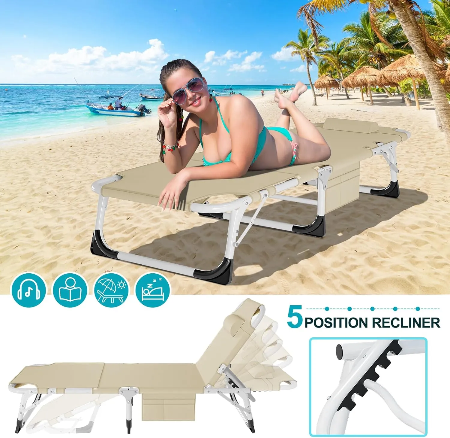 ABORON Folding Camping Cot W/Mat & Face Arm Hole for Adults, Adjustable Heavy Duty Outdoor Bed,1200 D Layer Oxford Travel Camp Cots for Beach, Pool, Lawn,Yard, Patio