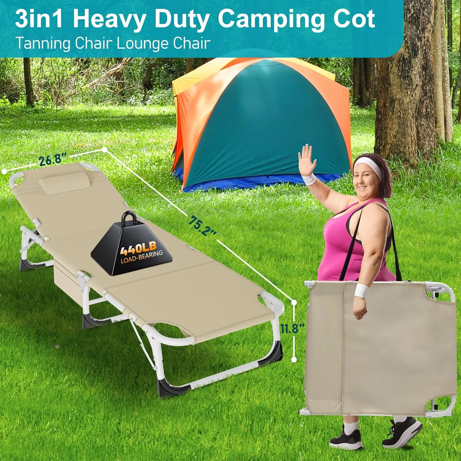 ABORON Folding Camping Cot W/Mat & Face Arm Hole for Adults, Adjustable Heavy Duty Outdoor Bed,1200 D Layer Oxford Travel Camp Cots for Beach, Pool, Lawn,Yard, Patio