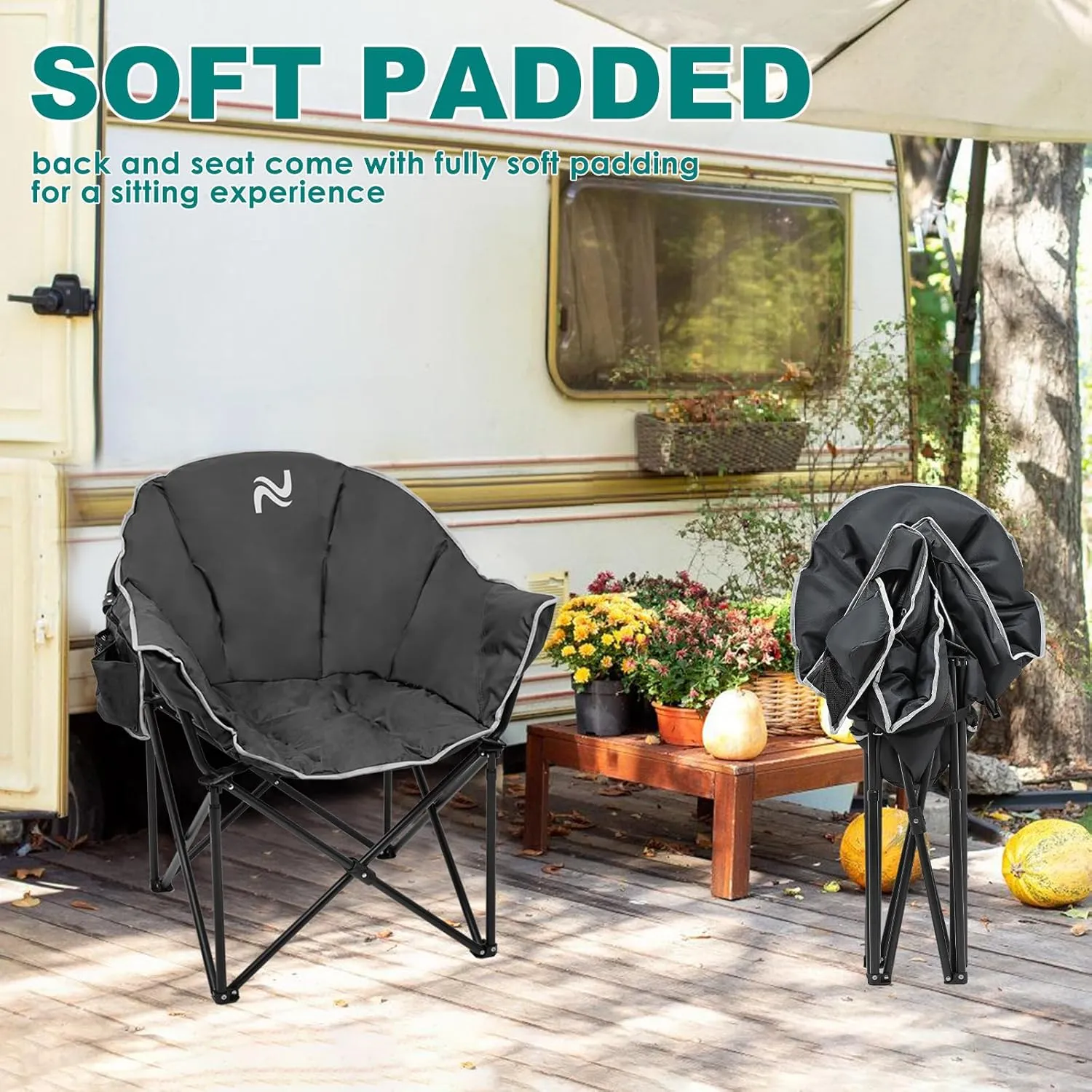 ABORON Oversized Camping Chair, Outdoor Chairs with Side Pocket, Heavy Duty Outside Couch, Folding Cotton Padded Chair Seat for Sports, Patio