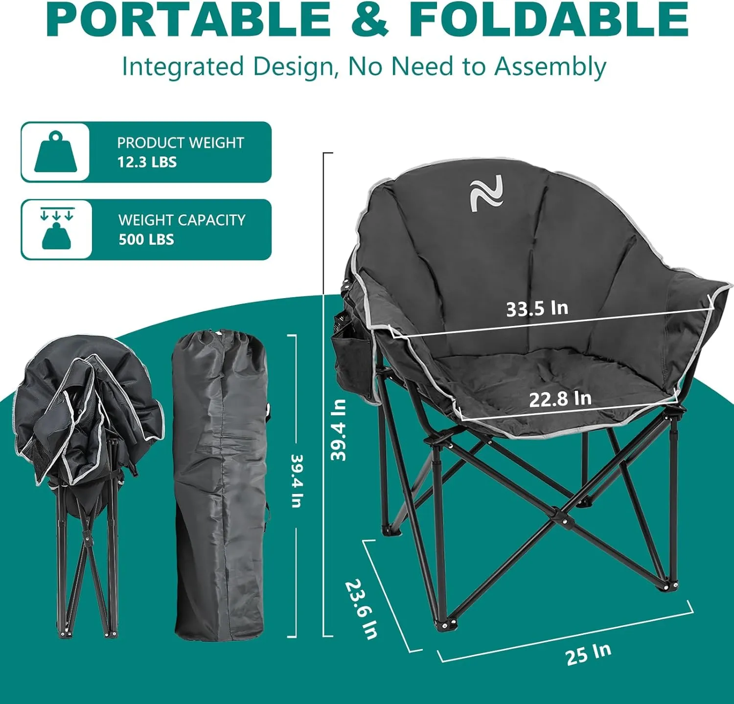 ABORON Oversized Camping Chair, Outdoor Chairs with Side Pocket, Heavy Duty Outside Couch, Folding Cotton Padded Chair Seat for Sports, Patio