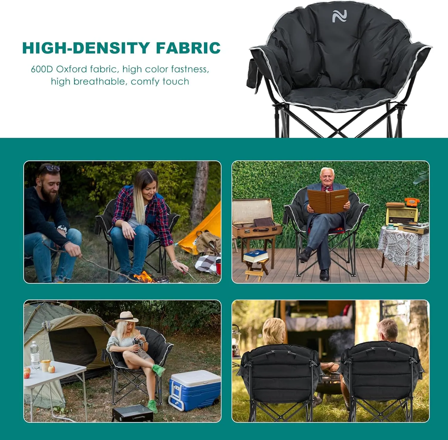 ABORON Oversized Camping Chair, Outdoor Chairs with Side Pocket, Heavy Duty Outside Couch, Folding Cotton Padded Chair Seat for Sports, Patio