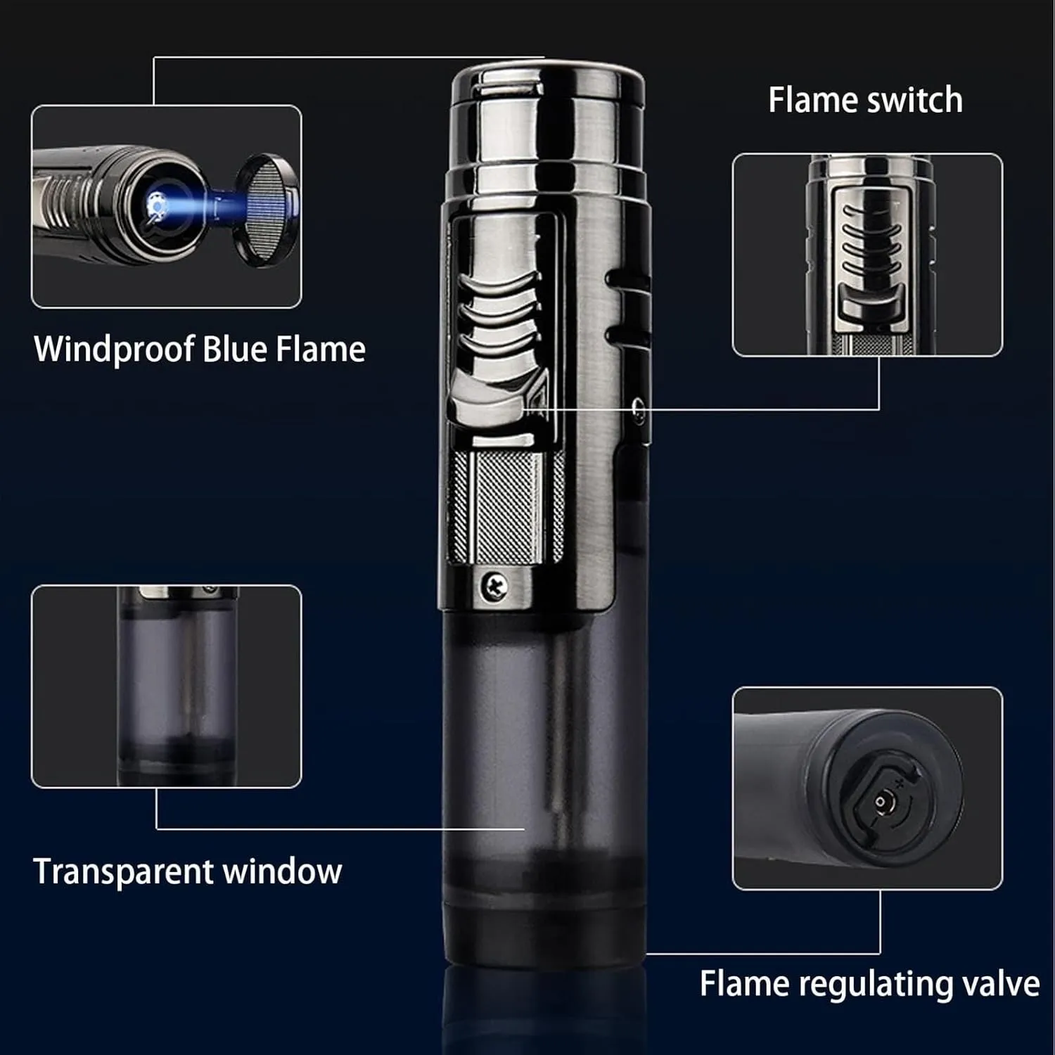 ABS Metal Lighter, Windproof Transparent Window Lighter, Butane Portable Lighter, Adjustable Flame Lighter for Indoor, Outdoor, Camping, etc. (2 Pack)(Black)