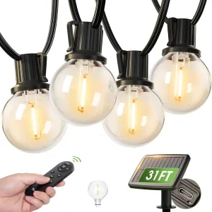 addlon 31FT (25 6) Solar String Lights with Remote, 13 Shatterproof G40 Bulbs, Solar Powered & USB Charging Patio Lights, Dimmable Waterproof Solar Light Outdoor for Camping Porch Backyard Party Decor