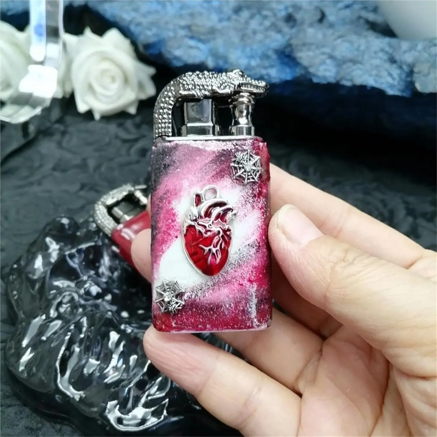 Adjustable Dual Jet Flame Lighter - Refillable Windproof Butane Torch with Vintage Butterfly Embossed Metal for Camping, Candles, Gifts (Fuel Not Included)(Blue1)