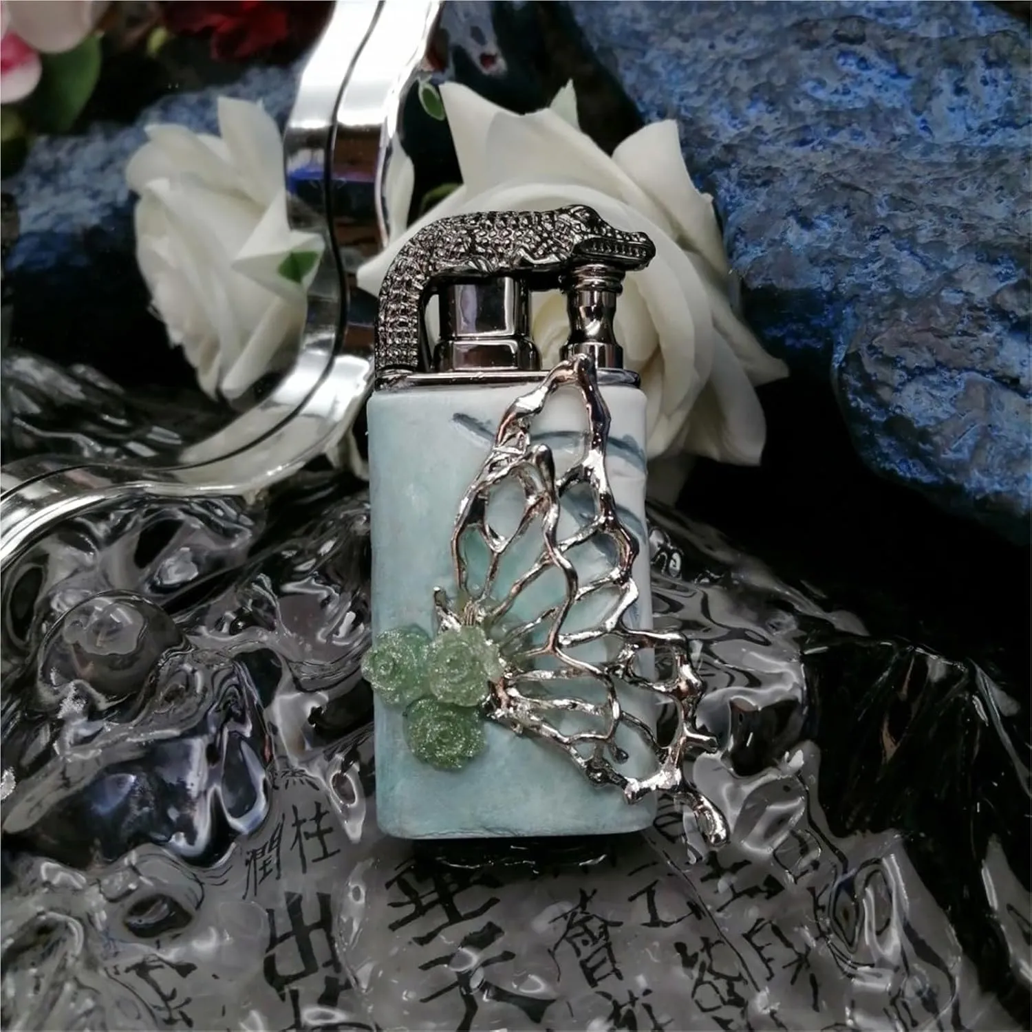 Adjustable Dual Jet Flame Lighter - Refillable Windproof Butane Torch with Vintage Butterfly Embossed Metal for Camping, Candles, Gifts (Fuel Not Included)(Blue1)
