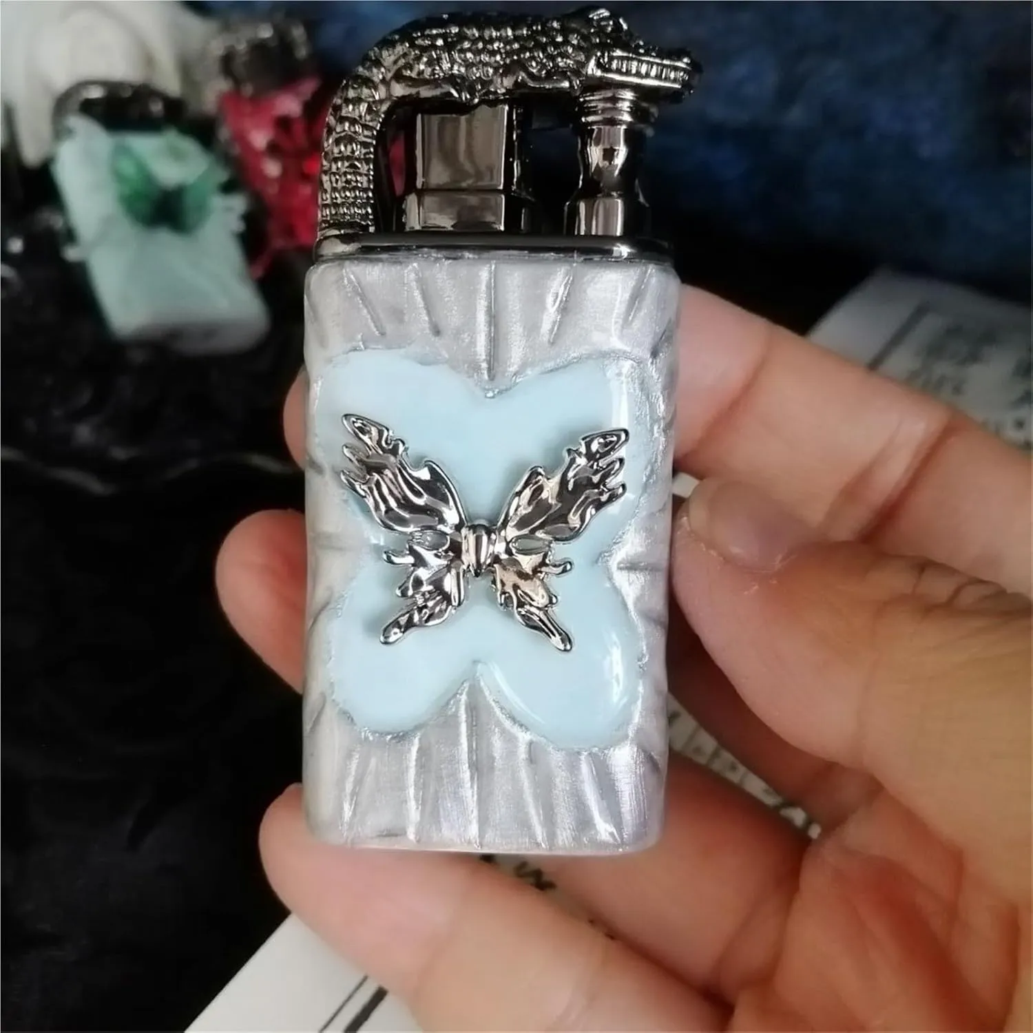 Adjustable Dual Jet Flame Lighter - Refillable Windproof Butane Torch with Vintage Butterfly Embossed Metal for Camping, Candles, Gifts (Fuel Not Included)(Blue1)