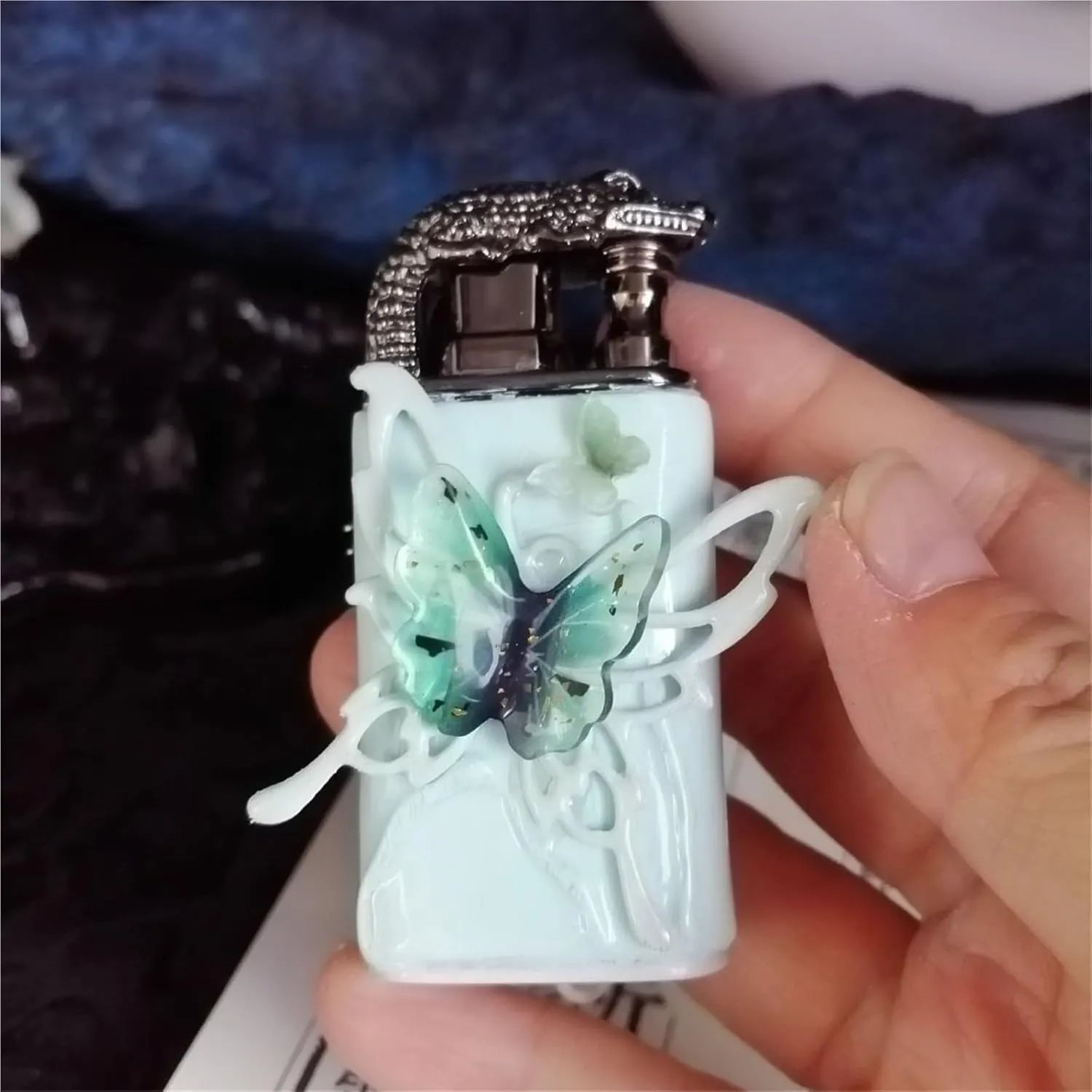 Adjustable Dual Jet Flame Lighter - Refillable Windproof Butane Torch with Vintage Butterfly Embossed Metal for Camping, Candles, Gifts (Fuel Not Included)(Blue1)