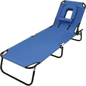 Adult Foldable Camping Cot with Reclining Folding Chaise Design, Heavy Duty Lounger Chair for Indoor Outdoor Use, Adjustable Height Bed with Face Hole & Detachable Pillow Blue