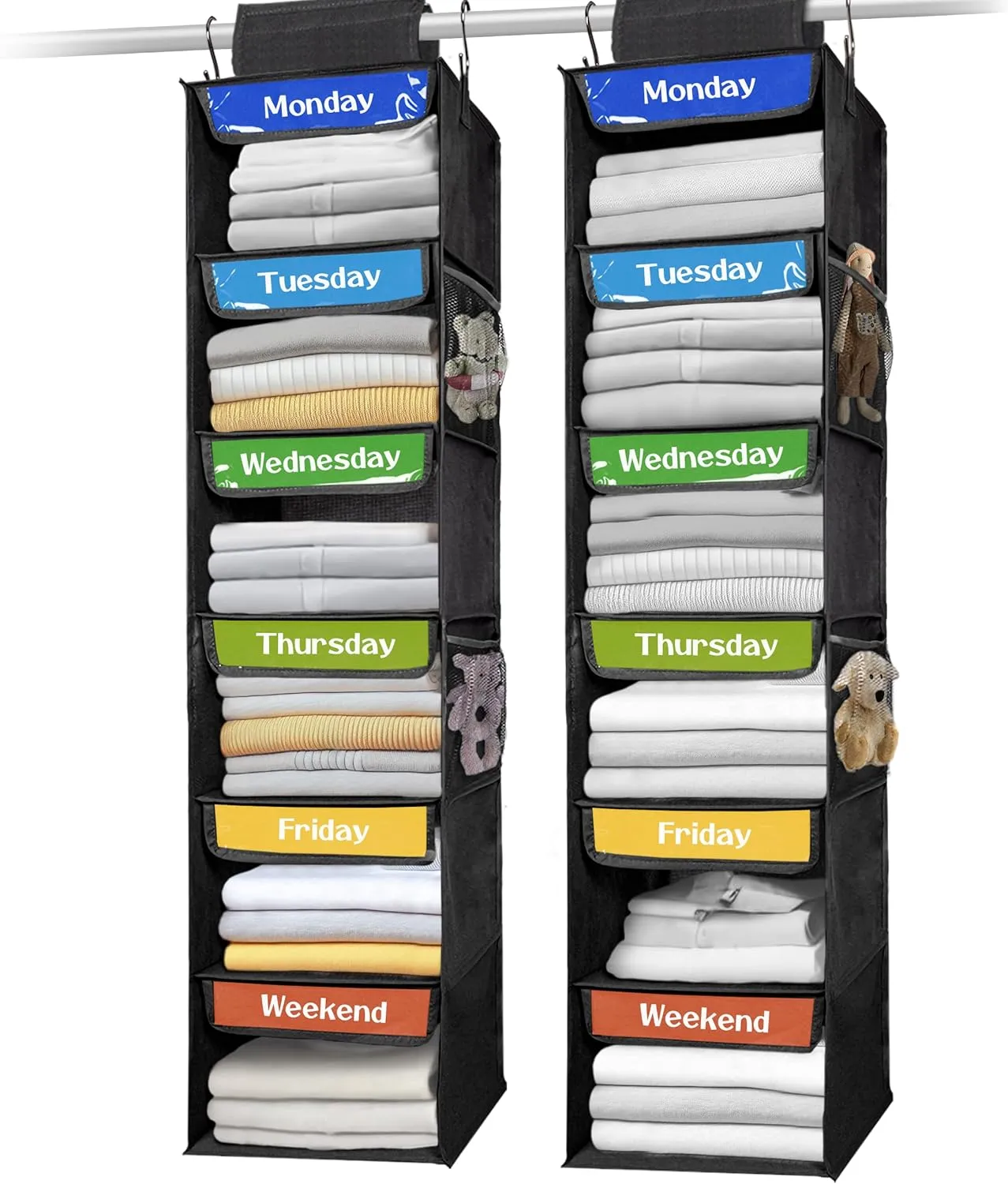 AELS 6-Shelf Weekly Clothes Organizer Set of 2, Hanging Closet Organizer for Kids & Adults, Monday Through Friday with Visual Label, Prepare & Organize Clothing, Shoes & After School Activities