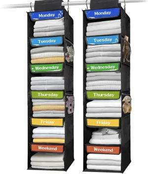 AELS 6-Shelf Weekly Clothes Organizer Set of 2, Hanging Closet Organizer for Kids & Adults, Monday Through Friday with Visual Label, Prepare & Organize Clothing, Shoes & After School Activities