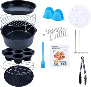 Air Fryer Accessories, Set of 12 Fit for 5.3Qt and Larger Air Fryer with Cake & Pizza Pan, Metal Holder, Skewer Rack & Skewers, etc, Nonstick Coating, Dishwasher Safe