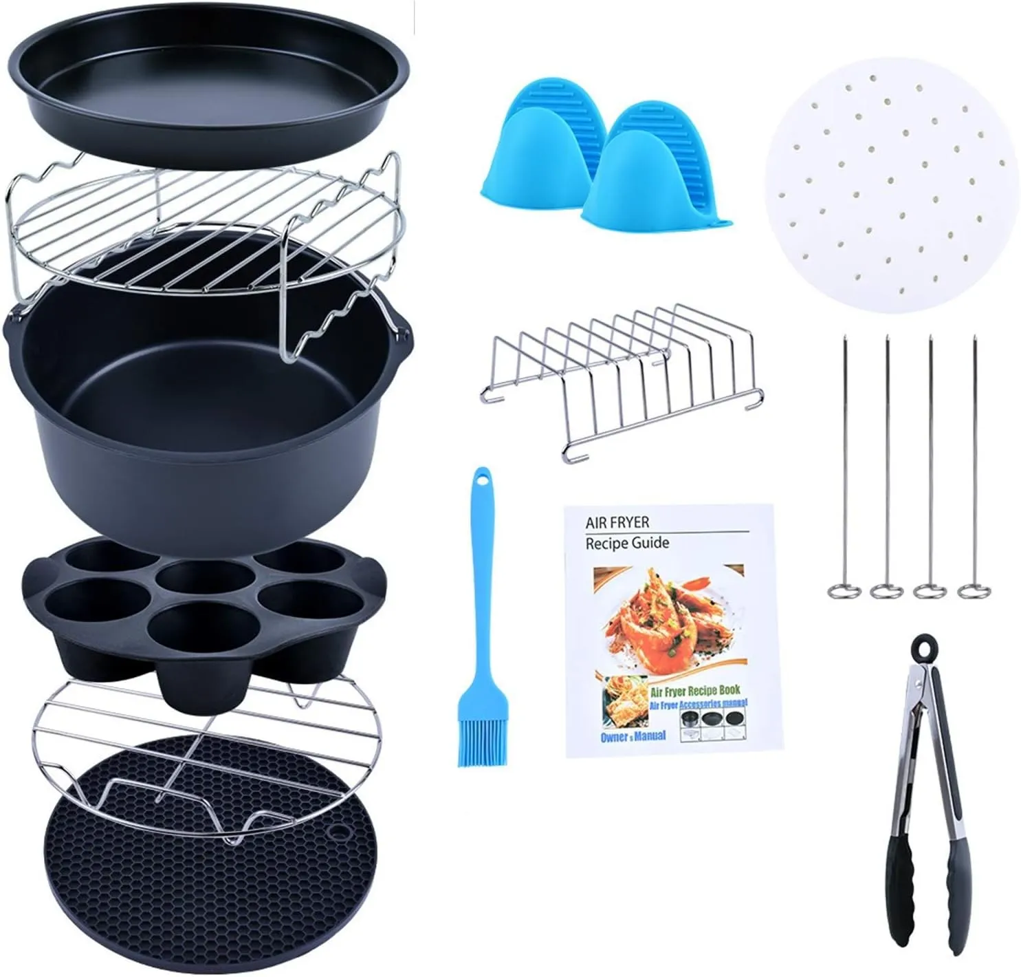 Air Fryer Accessories, Set of 12 Fit for 5.3Qt and Larger Air Fryer with Cake & Pizza Pan, Metal Holder, Skewer Rack & Skewers, etc, Nonstick Coating, Dishwasher Safe
