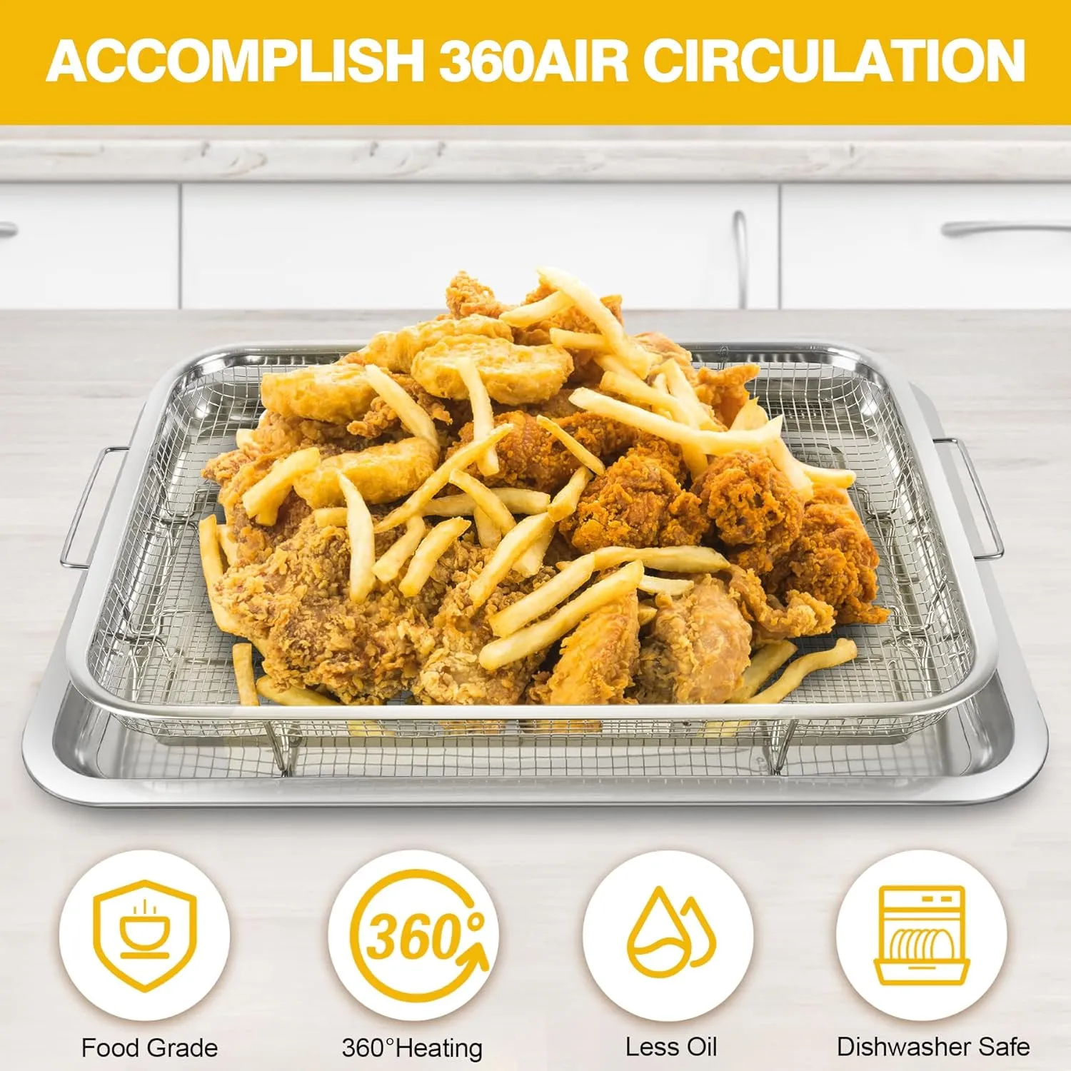 Air Fryer Basket for Oven 2 Set Stainless Steel, Air Fryer Accessories Oven Rack and Crisper Tray, Bacon Cooker Broiler Pan for Oven, Bakeware Sets Oven Rack-2-Set Large & Medium