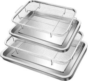 Air Fryer Basket for Oven 2 Set Stainless Steel, Air Fryer Accessories Oven Rack and Crisper Tray, Bacon Cooker Broiler Pan for Oven, Bakeware Sets Oven Rack-2-Set Large & Medium