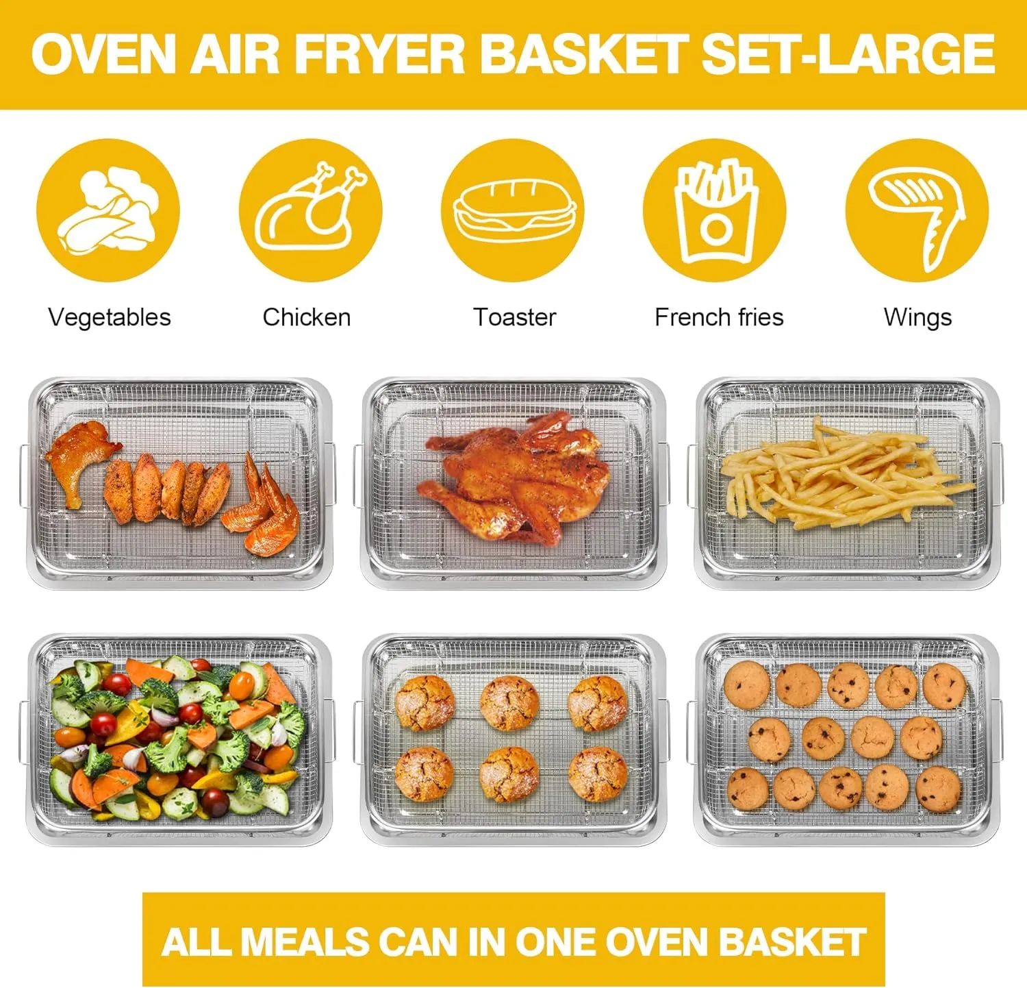 Air Fryer Basket for Oven 2 Set Stainless Steel, Air Fryer Accessories Oven Rack and Crisper Tray, Bacon Cooker Broiler Pan for Oven, Bakeware Sets Oven Rack-2-Set Large & Medium