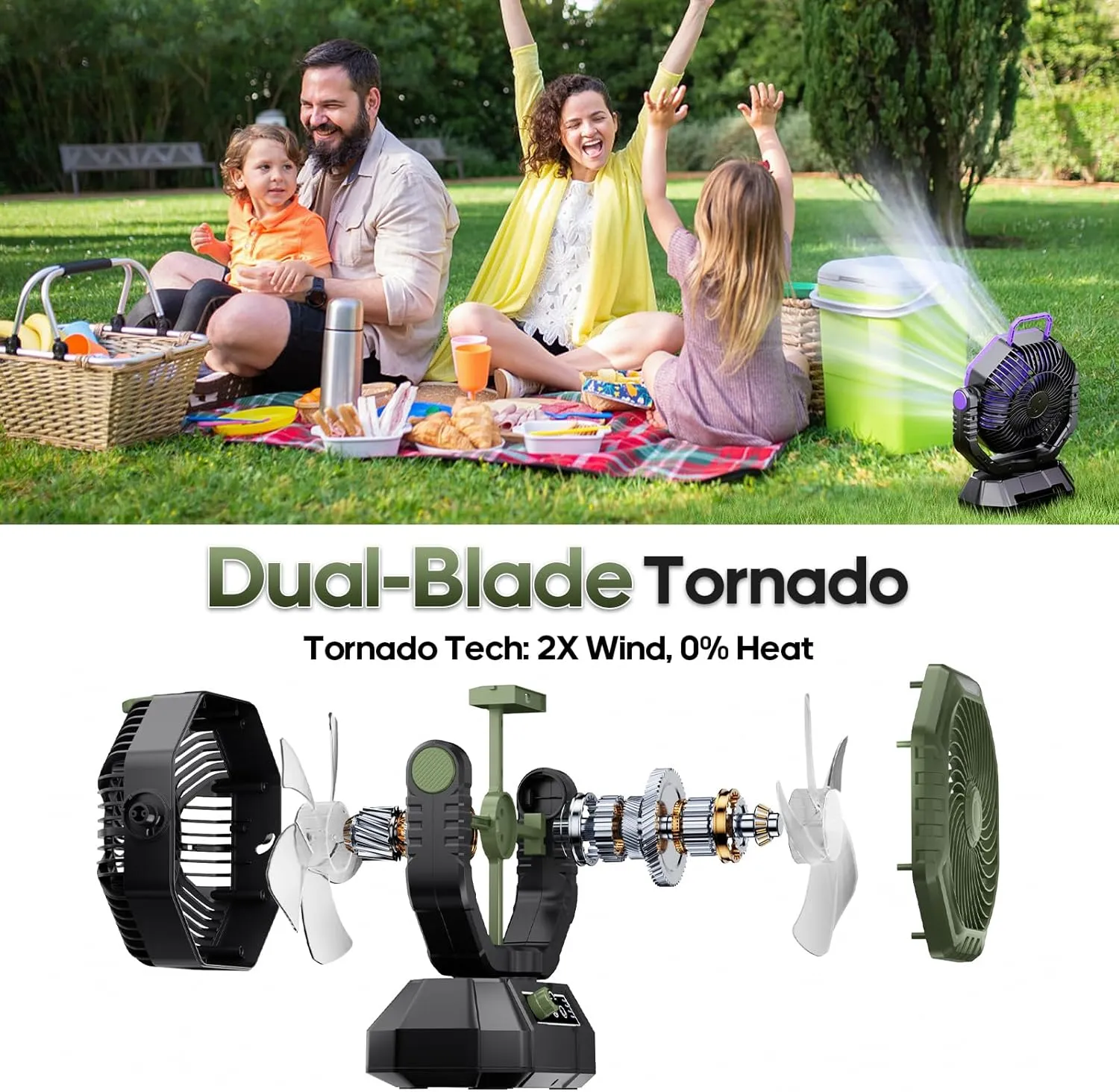 AJVV Camping Fan Rechargeable, Battery Powered Fan With Remote Controller, LED Light, Dual-Blade, Stepless Speed, 45°/90°/270° Swing,Timer, Portable fan For Travel Tent Bedroom Beach Fishing, Green
