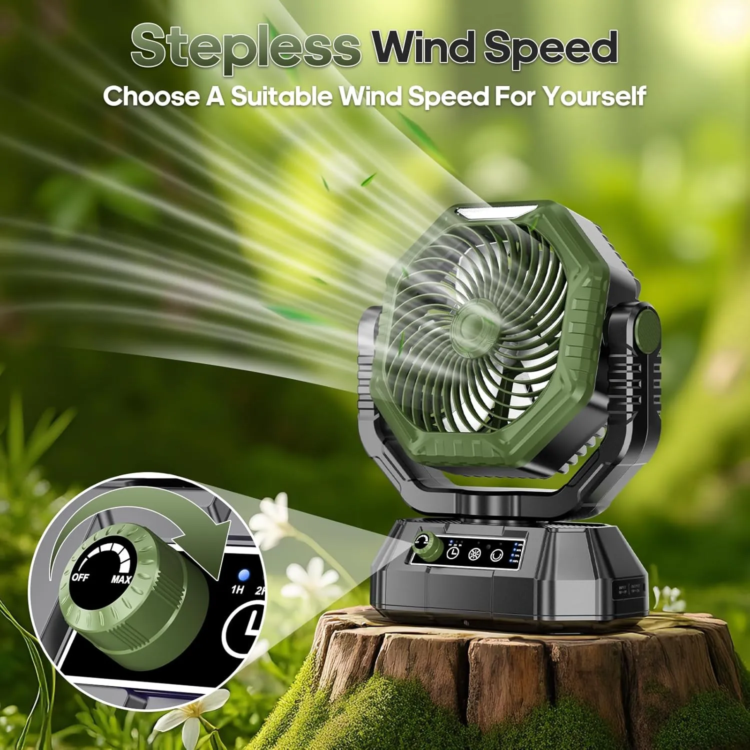 AJVV Camping Fan Rechargeable, Battery Powered Fan With Remote Controller, LED Light, Dual-Blade, Stepless Speed, 45°/90°/270° Swing,Timer, Portable fan For Travel Tent Bedroom Beach Fishing, Green