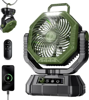 AJVV Camping Fan Rechargeable, Battery Powered Fan With Remote Controller, LED Light, Dual-Blade, Stepless Speed, 45°/90°/270° Swing,Timer, Portable fan For Travel Tent Bedroom Beach Fishing, Green