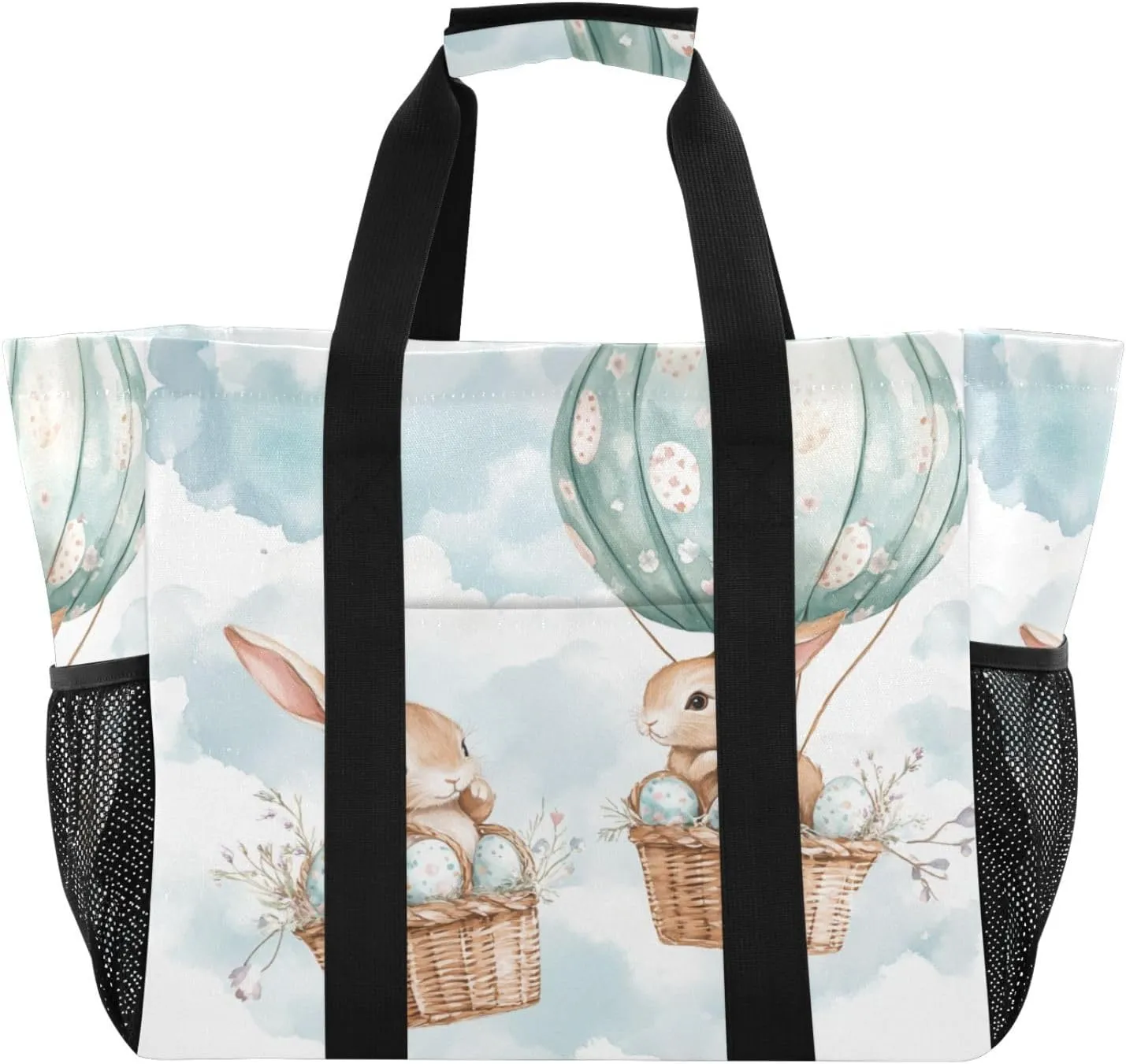 ALAZA Cute Bunnies Flying Baskets Hot Air Balloons Easter Eggs Waterproof Beach Tote Bags