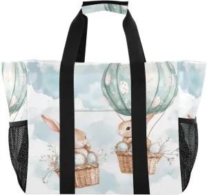 ALAZA Cute Bunnies Flying Baskets Hot Air Balloons Easter Eggs Waterproof Beach Tote Bags